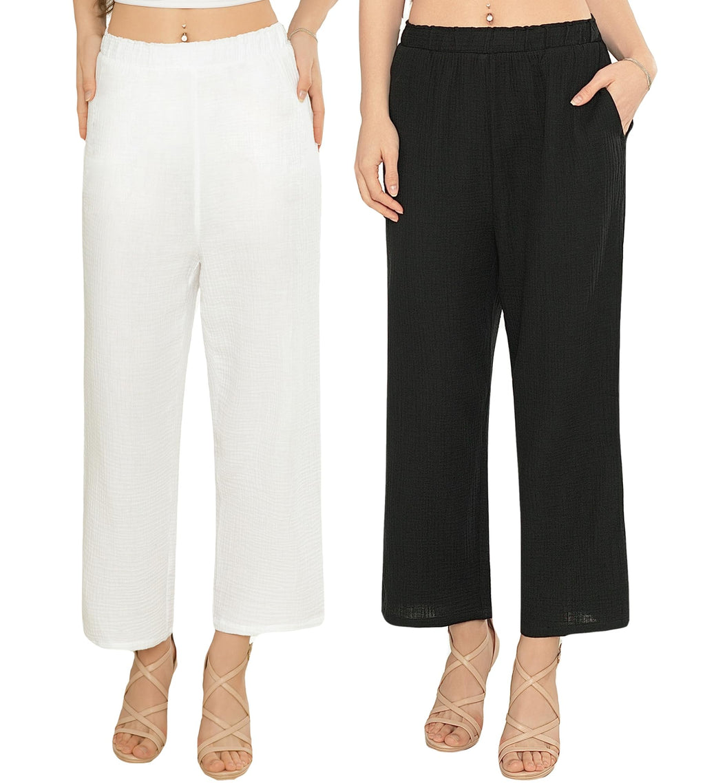 Women's Cotton Seersucker Palazzo Pants Elastic Waist Wide Leg Trousers with Pockets
