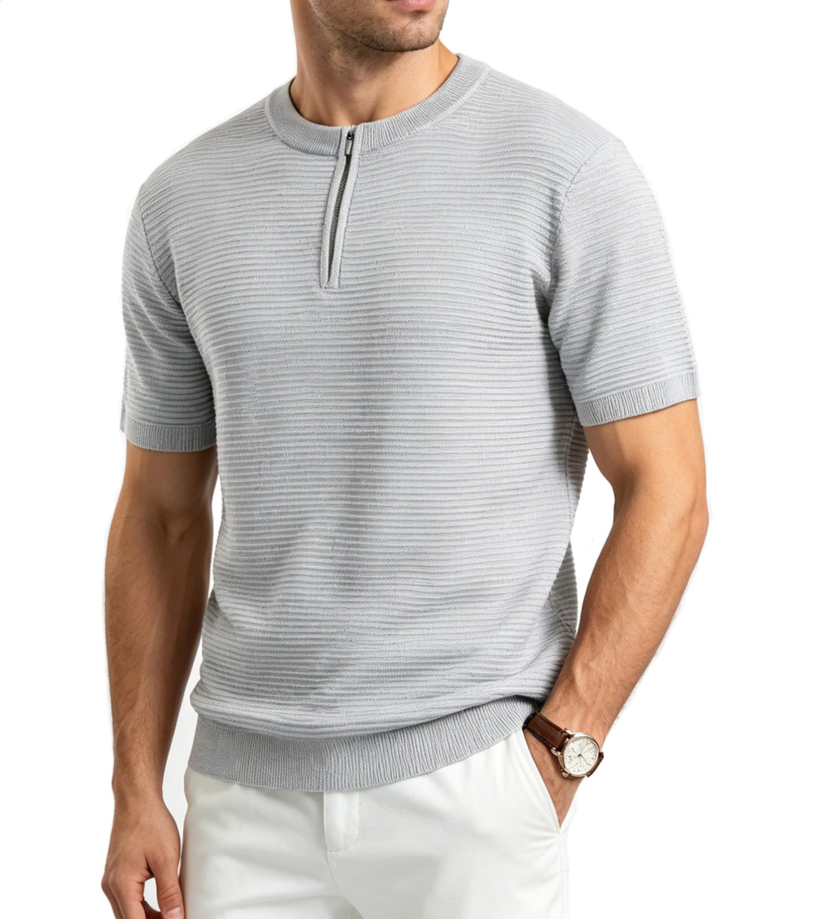 BOGARI Mens Knit Polo Shirt Short Sleeve Zipper for Summer Casual Dress Sweater Shirts Textured Ribbed Knitted Golf Tops