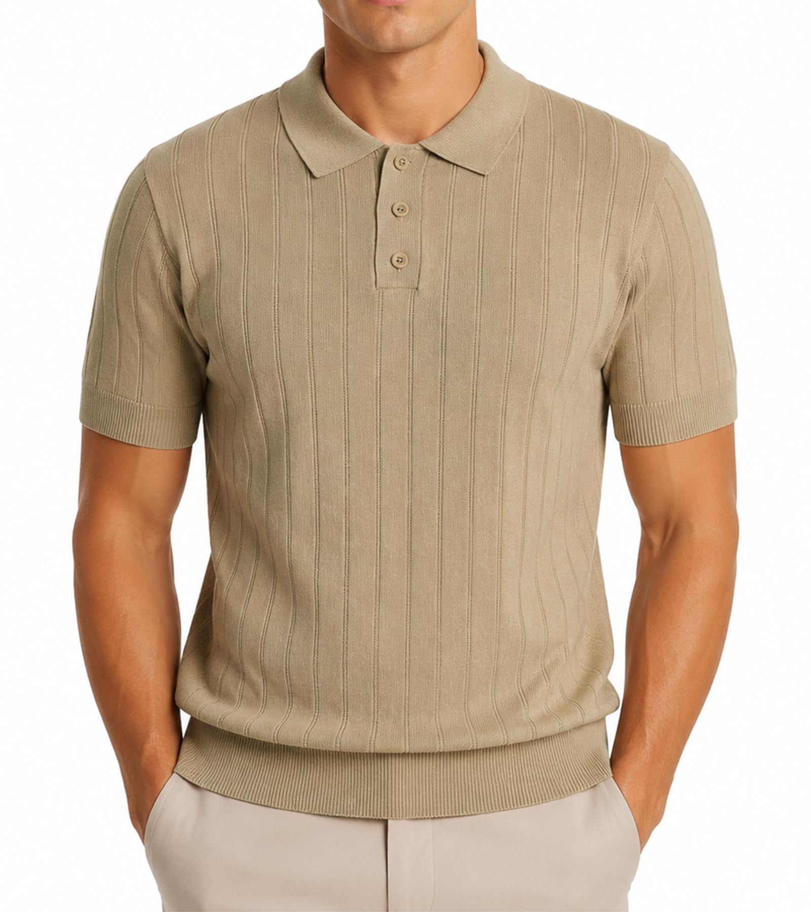 BOGARI Men's Knit Polo Shirts Short Sleeve Textured Knit V Neck Shirt Casual Ribbed Golf Sweater Summer Old Money Tops