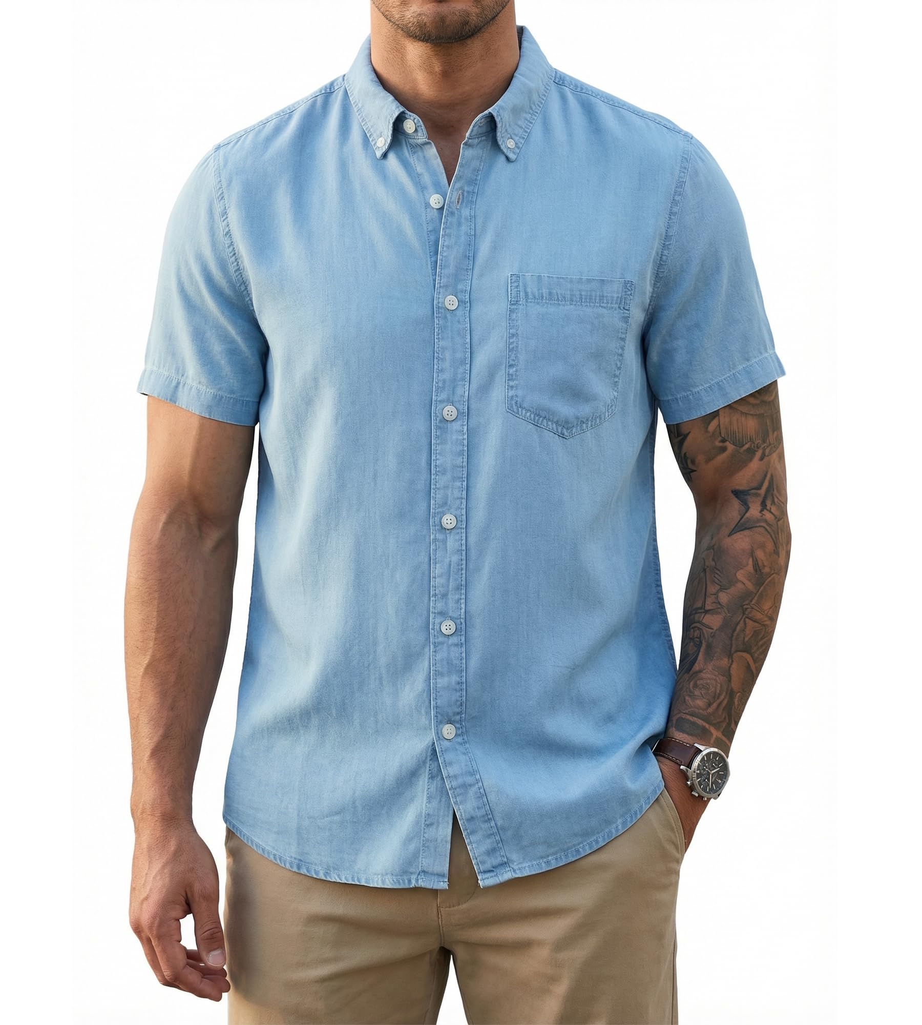 BOGARI Men's Short Sleeve Casual Shirts 100% Cotton Cooling Button Down Untucked Shirt for Summer Office Beach Daily