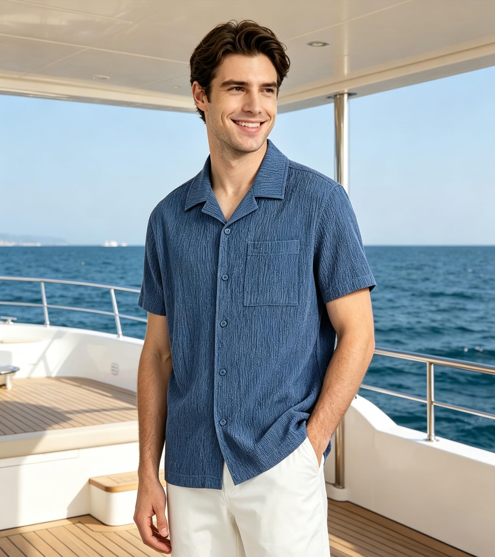 BOGARI Mens Summer Striped Shirts Button Down Knit Short Sleeve Textured Vacation Beach Casual Cuban Shirts with Pocket