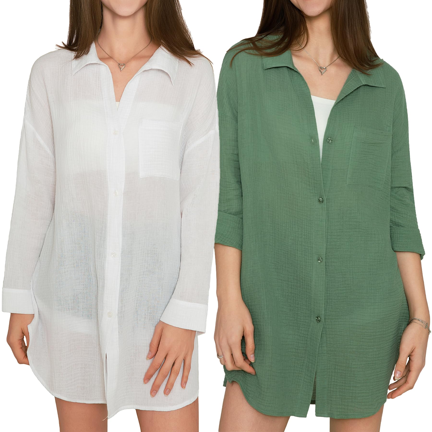 MERIDIANA 2 Pack Women's Swimsuit Cover Up 100% Cotton Beach Button Down Shirt Dress Long Sleeve Tops Bathing Suit Coverups