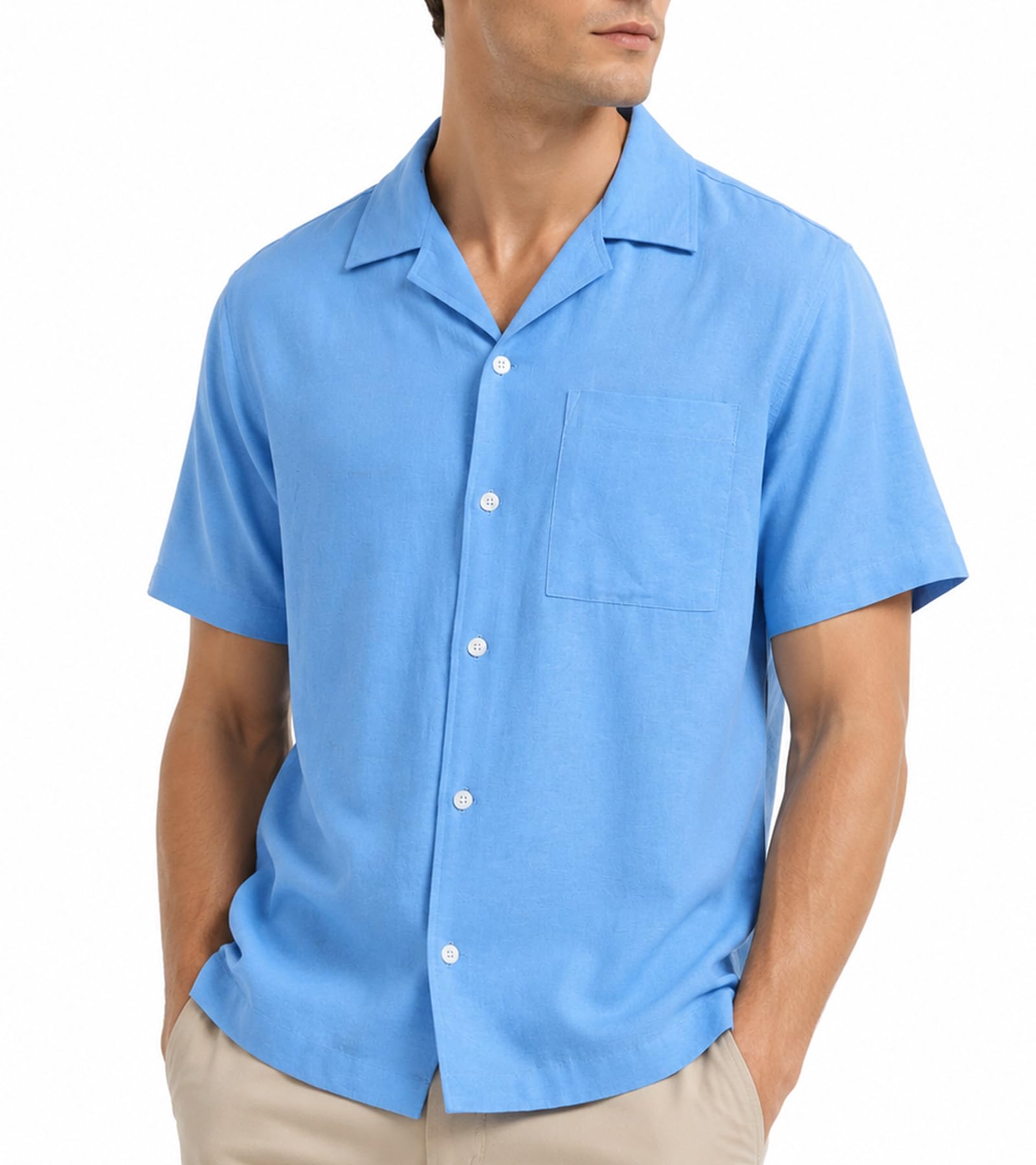 Men's Camp Collar Linen Button Down Shirt, Short Sleeve Casual Summer Beach Wedding Vacation Shirt, Relaxed Fit White