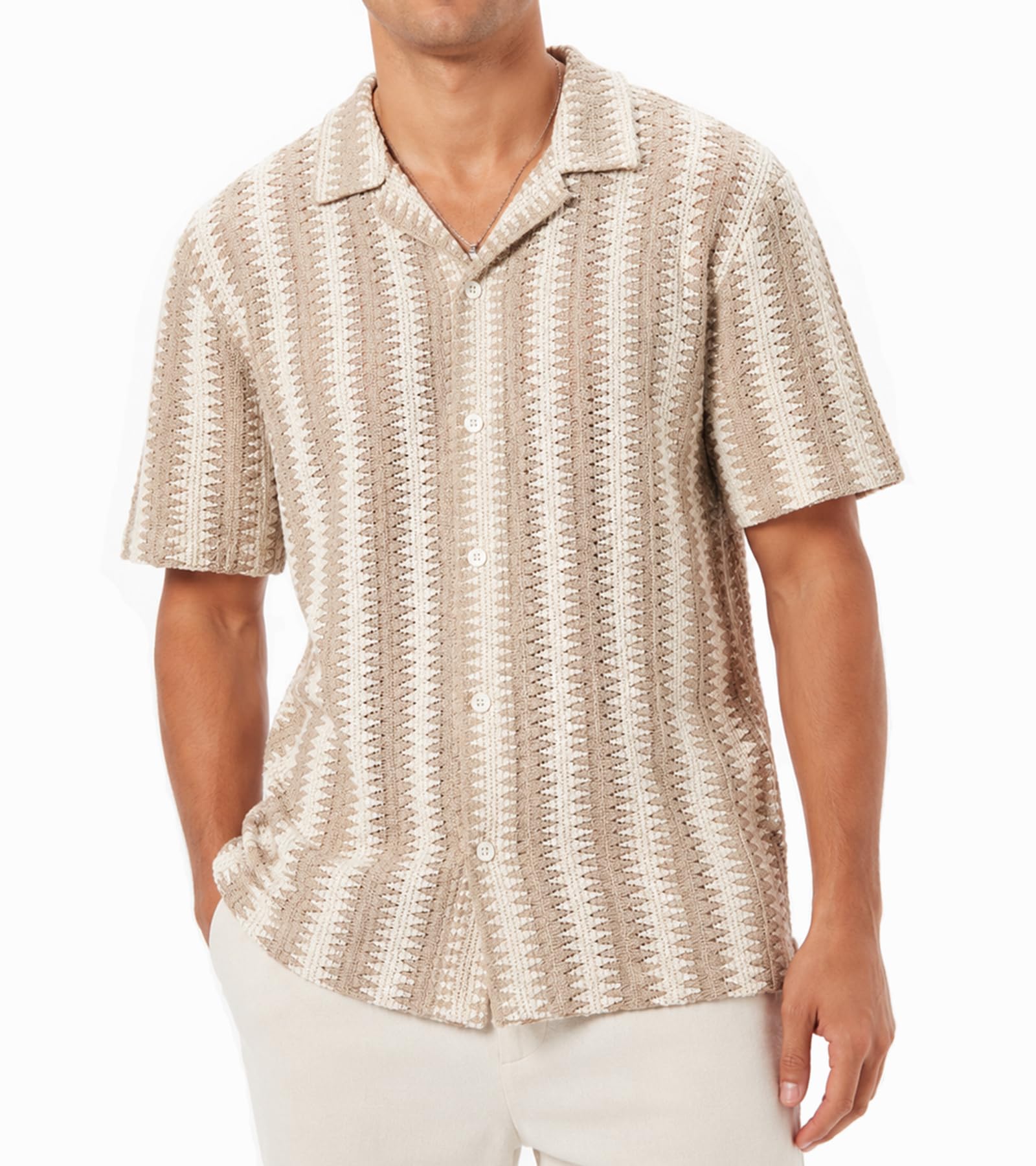 BOGARI Men Crochet Shirt Hollow Out Knit Stripe Summer Beach Button Down Sheer Lace Shirts Casual Cuban Textured Tops
