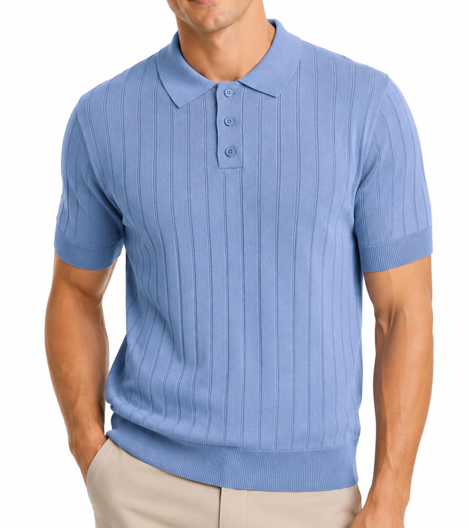 BOGARI Men's Knit Polo Shirts Short Sleeve Textured Knit V Neck Shirt Casual Ribbed Golf Sweater Summer Old Money Tops
