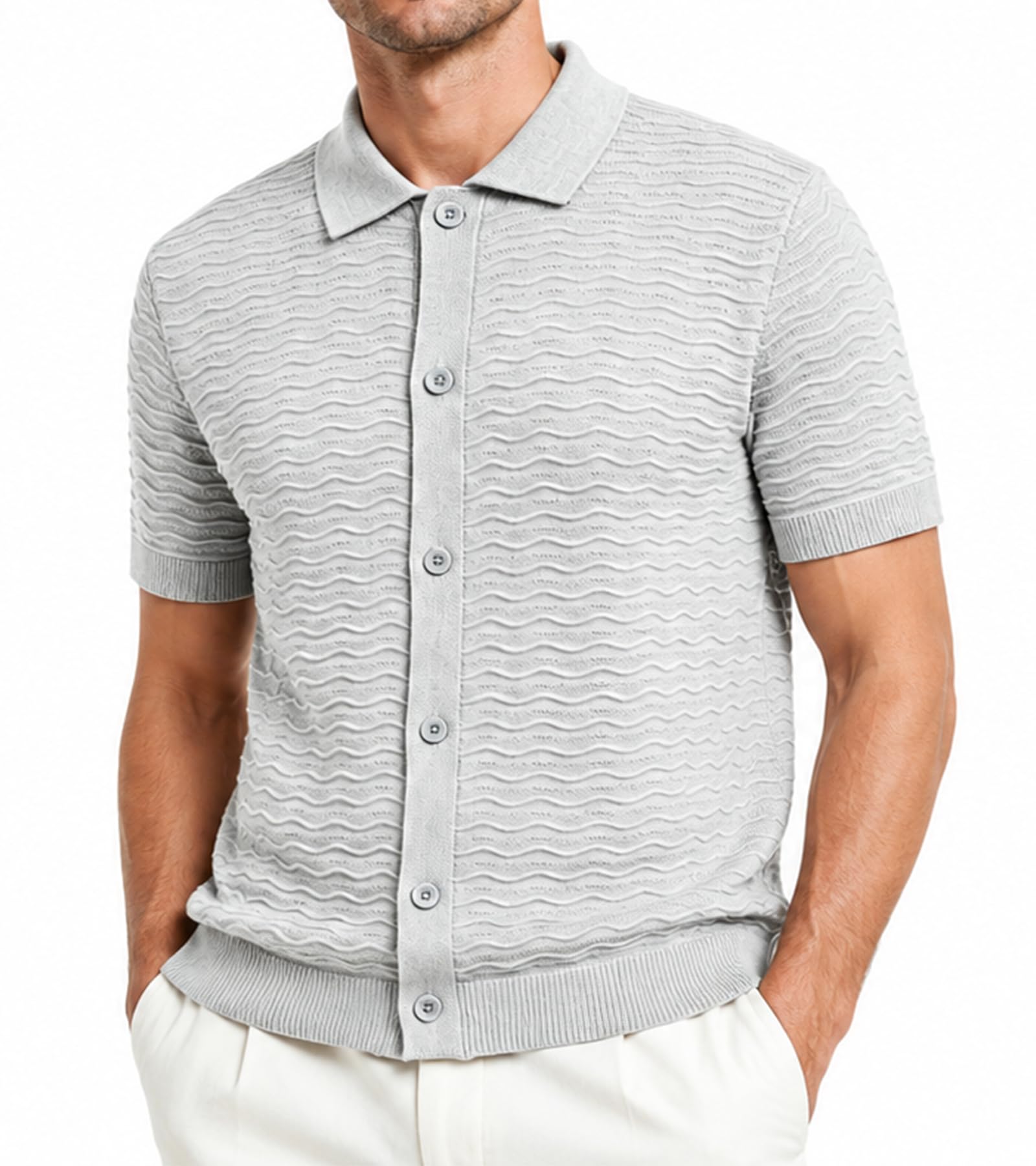 BOGARI Mens Knit Button Down Casual Polo Shirts Short Sleeve Cardigan Sweater with Pocket for Summer Golf Tops Vacation