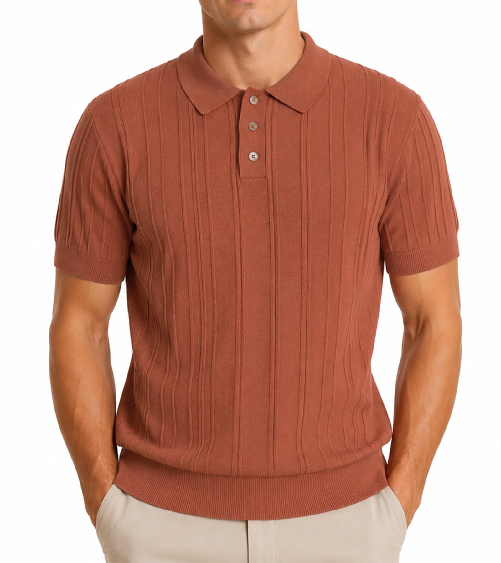BOGARI Men's Knit Polo Shirts Short Sleeve Textured Knit V Neck Shirt Casual Ribbed Golf Sweater Summer Old Money Tops