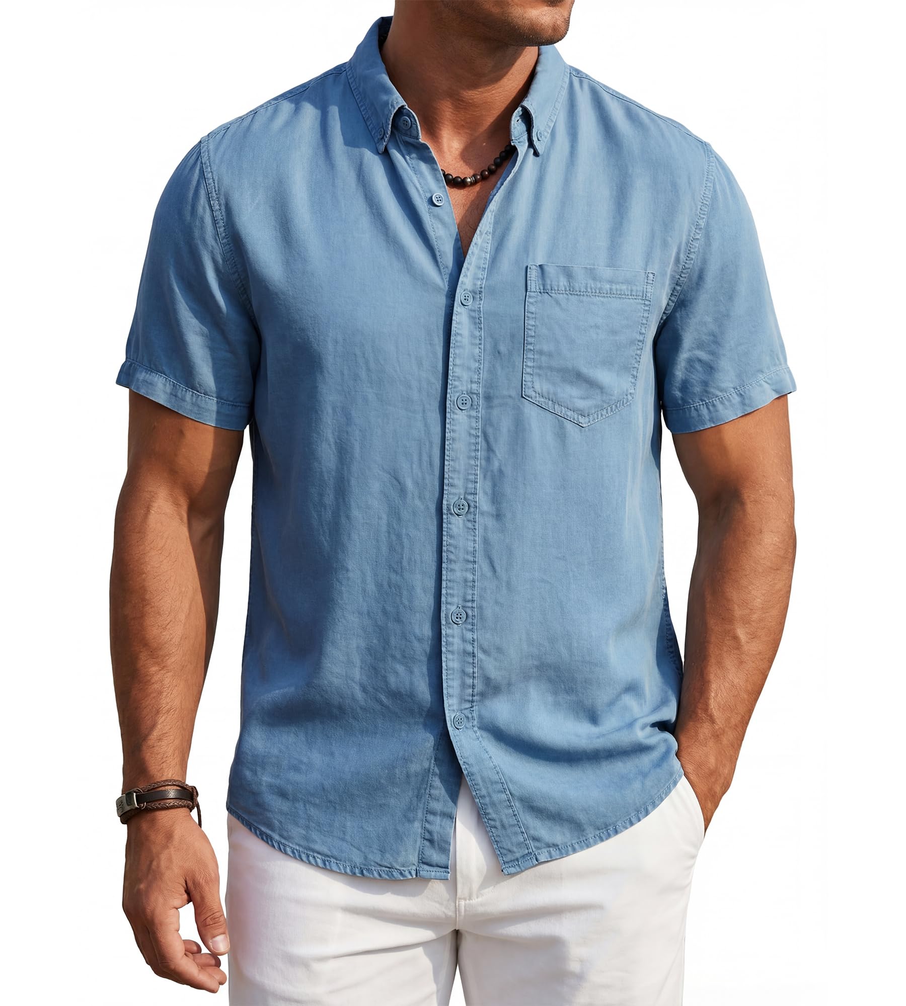 BOGARI Men's Short Sleeve Button Down Shirts 100% Lyocell Guayabera Shirt for Summer Vacation Casual Daily Wear