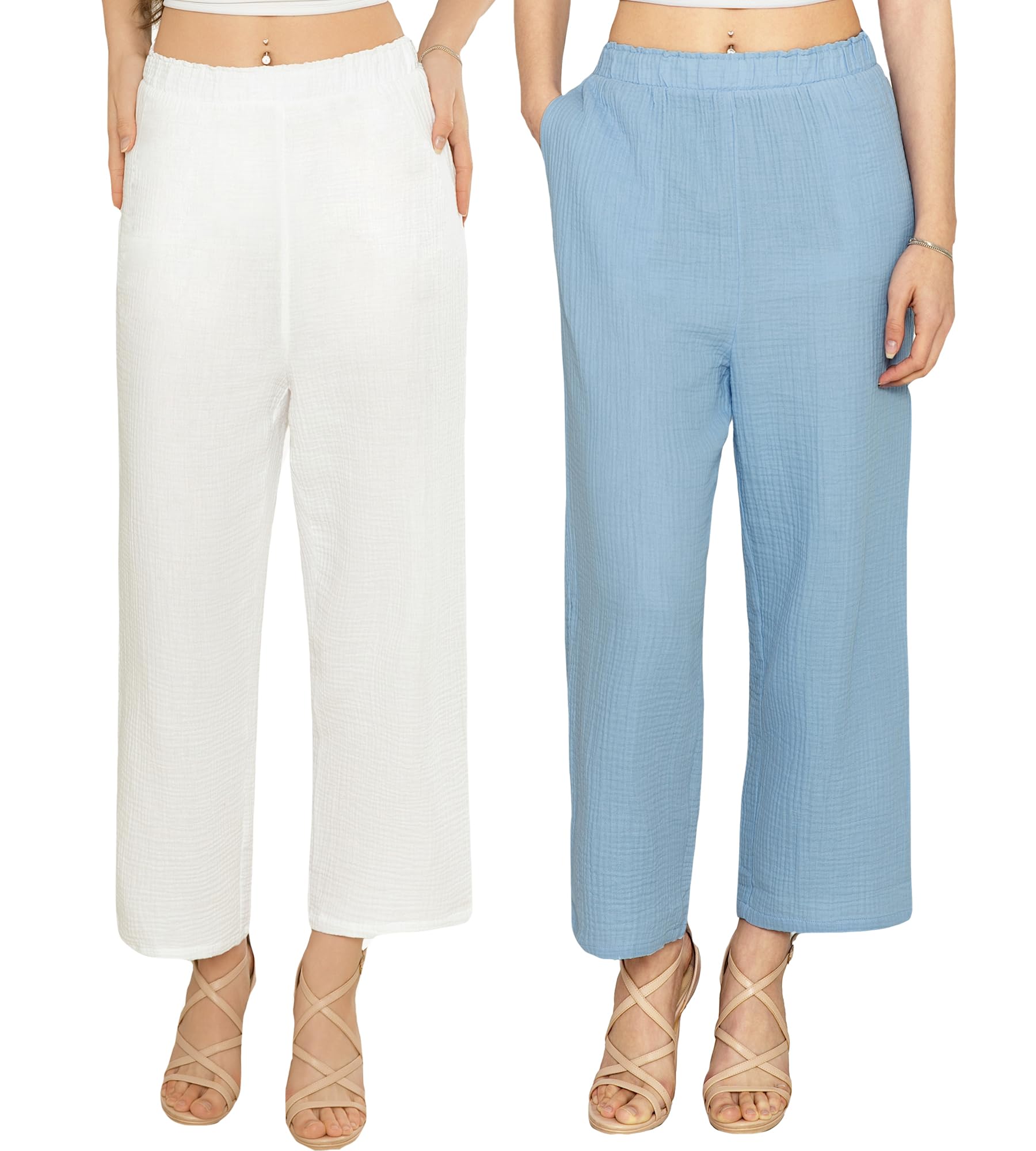 Women's Cotton Seersucker Palazzo Pants Elastic Waist Wide Leg Trousers with Pockets