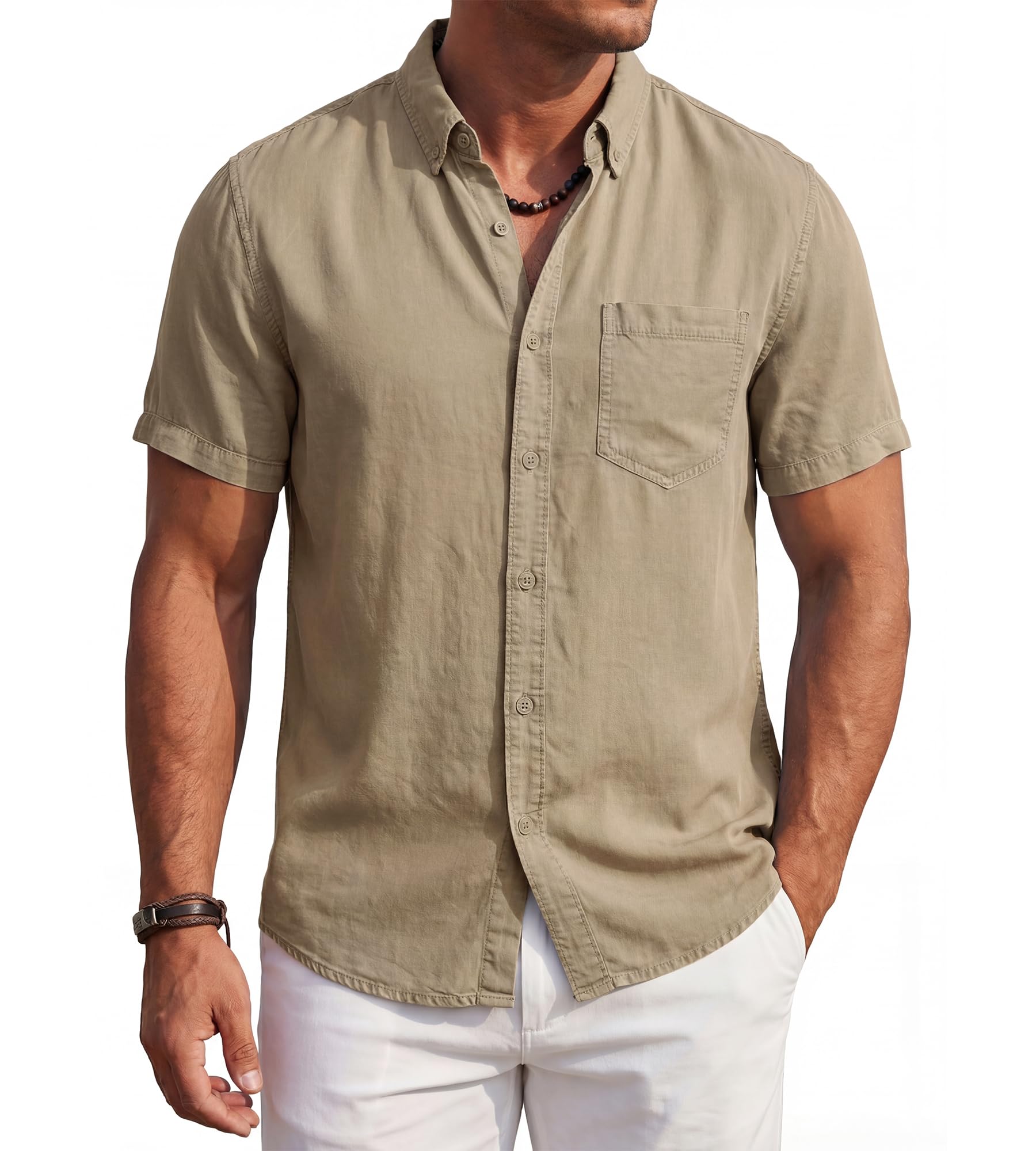 BOGARI Men's Short Sleeve Button Down Shirts 100% Lyocell Guayabera Shirt for Summer Vacation Casual Daily Wear