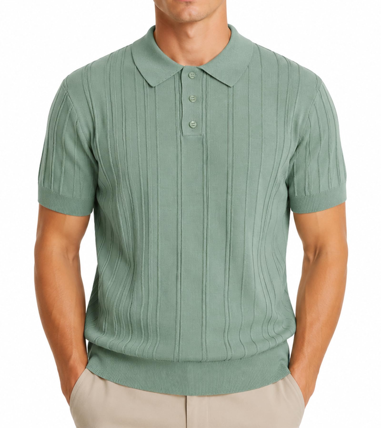 BOGARI Men's Knit Polo Shirts Short Sleeve Textured Knit V Neck Shirt Casual Ribbed Golf Sweater Summer Old Money Tops
