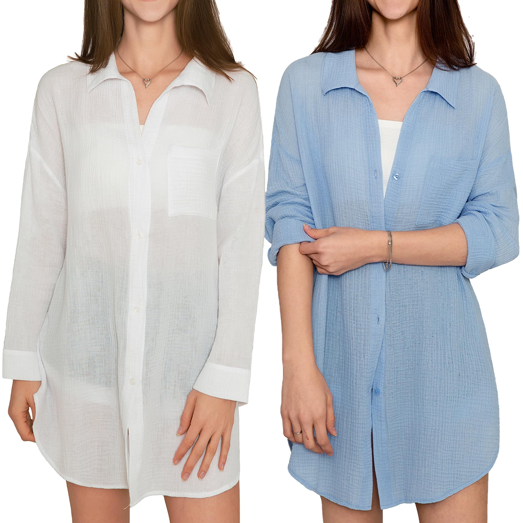 MERIDIANA 2 Pack Women's Swimsuit Cover Up 100% Cotton Beach Button Down Shirt Dress Long Sleeve Tops Bathing Suit Coverups