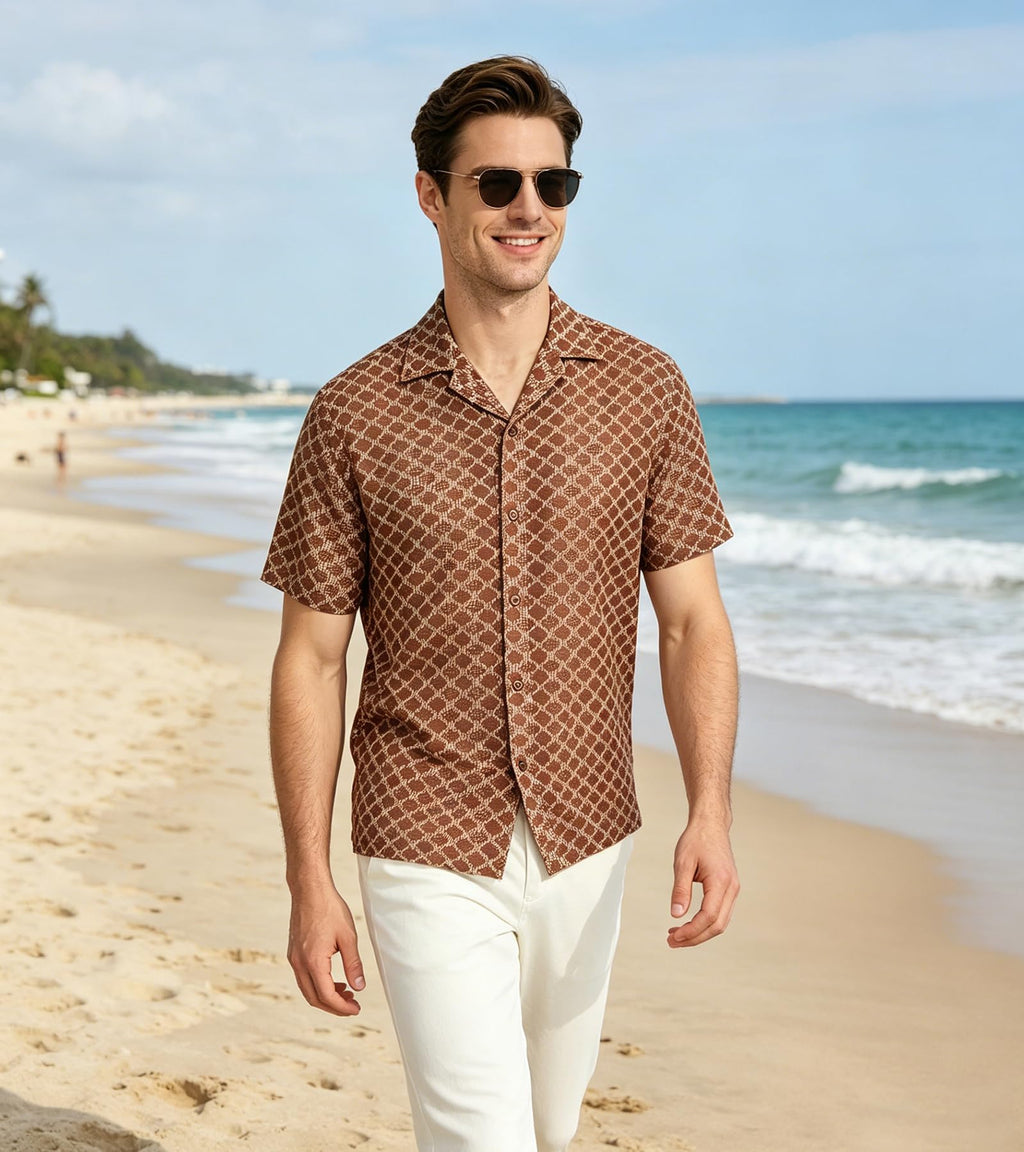 BOGARI Men Crochet Shirt Hollow Out Knit Stripe Summer Beach Button Down Sheer Lace Shirts Casual Cuban Textured Tops