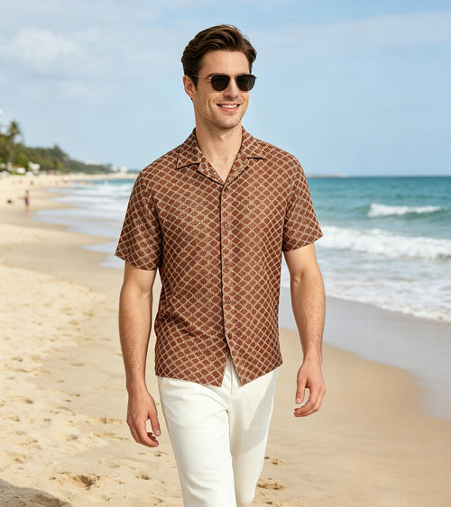 BOGARI Men Crochet Shirt Hollow Out Knit Stripe Summer Beach Button Down Sheer Lace Shirts Casual Cuban Textured Tops