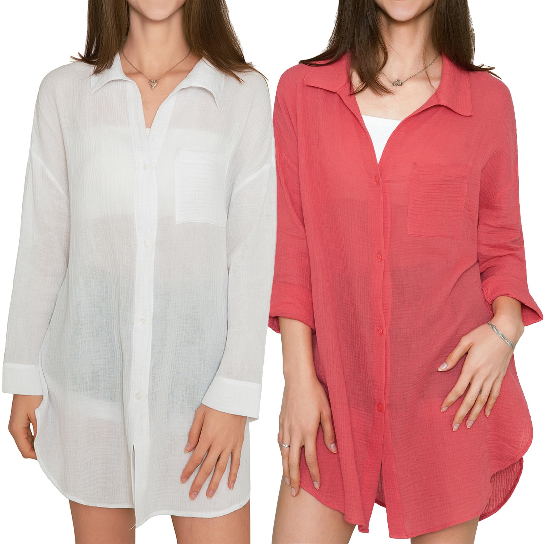 MERIDIANA 2 Pack Women's Swimsuit Cover Up 100% Cotton Beach Button Down Shirt Dress Long Sleeve Tops Bathing Suit Coverups