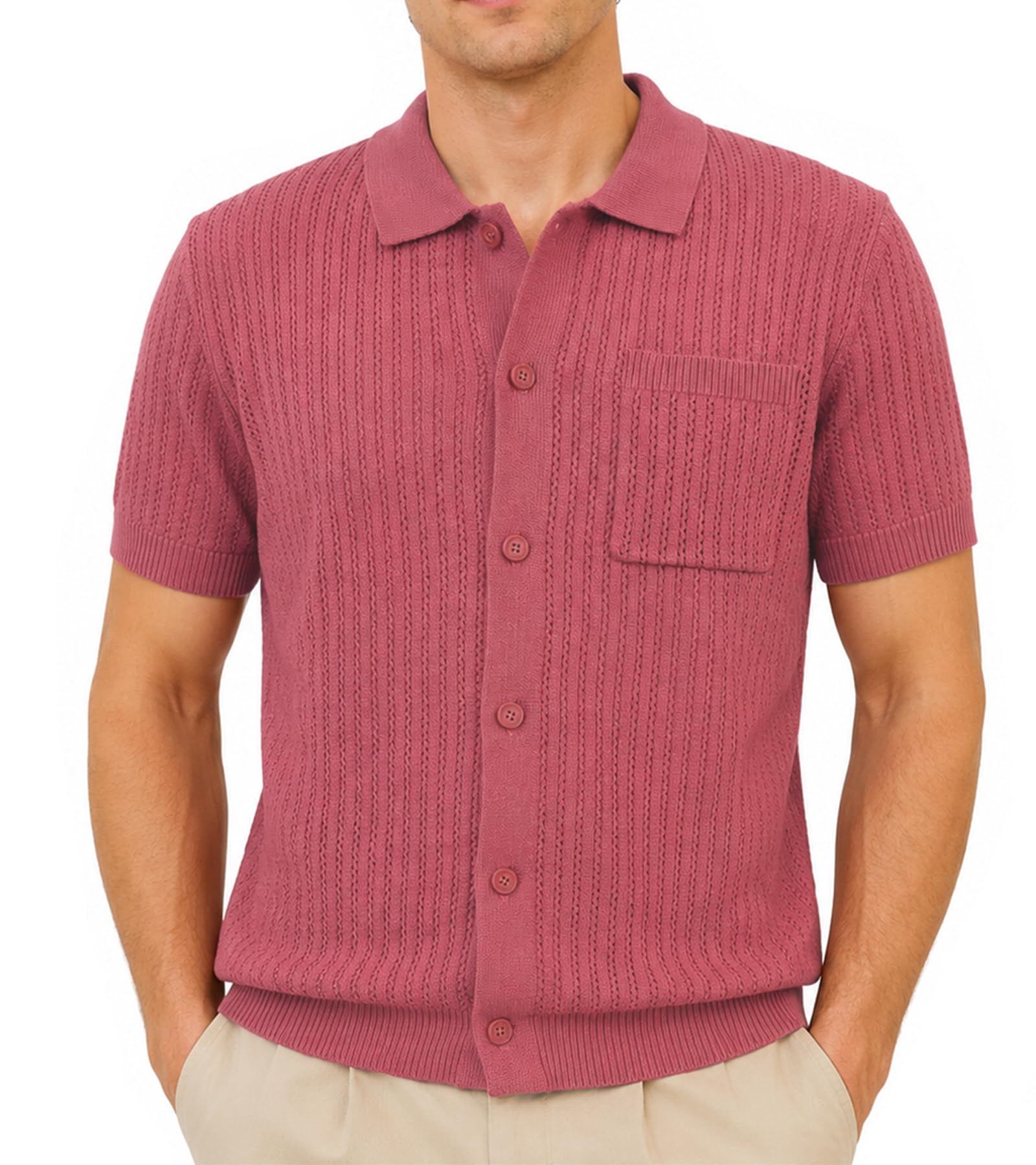 BOGARI Mens Knit Button Down Casual Polo Shirts Short Sleeve Cardigan Sweater with Pocket for Summer Golf Tops Vacation