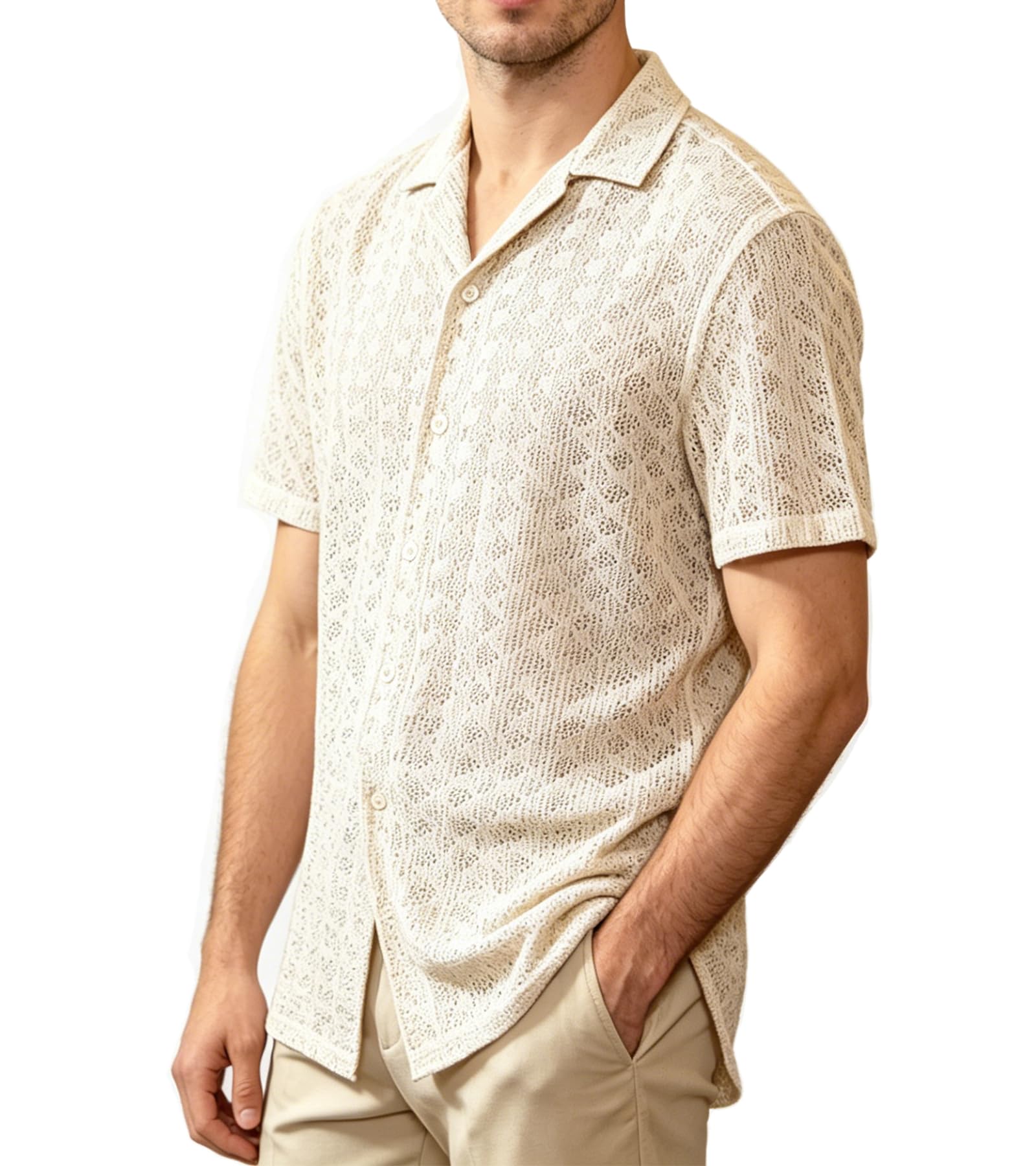 BOGARI Men Crochet Shirt Hollow Out Knit Stripe Summer Beach Button Down Sheer Lace Shirts Casual Cuban Textured Tops