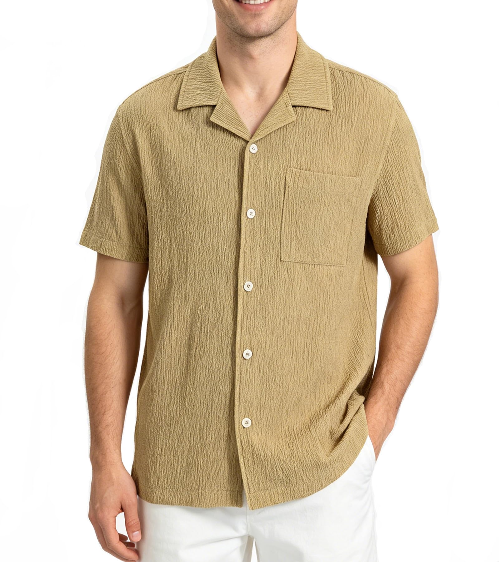 BOGARI Mens Summer Striped Shirts Button Down Knit Short Sleeve Textured Vacation Beach Casual Cuban Shirts with Pocket