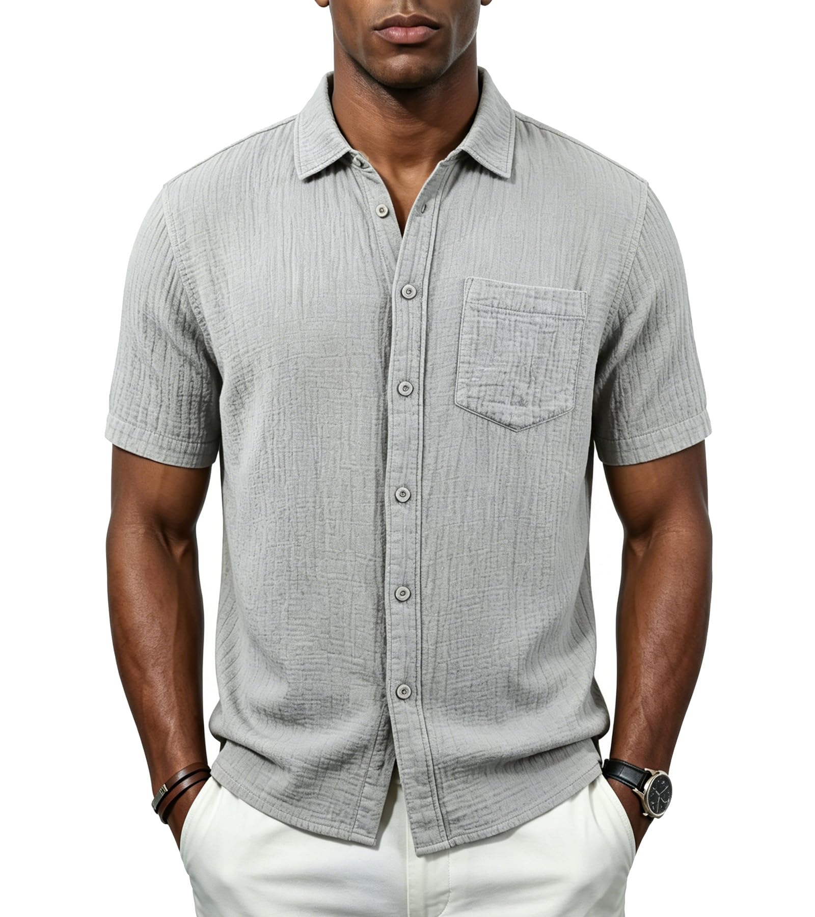 BOGARI Men's Short Sleeve Seersucker Button Down Shirt, Casual Camp Collar Summer Shirt, 100% Cotton