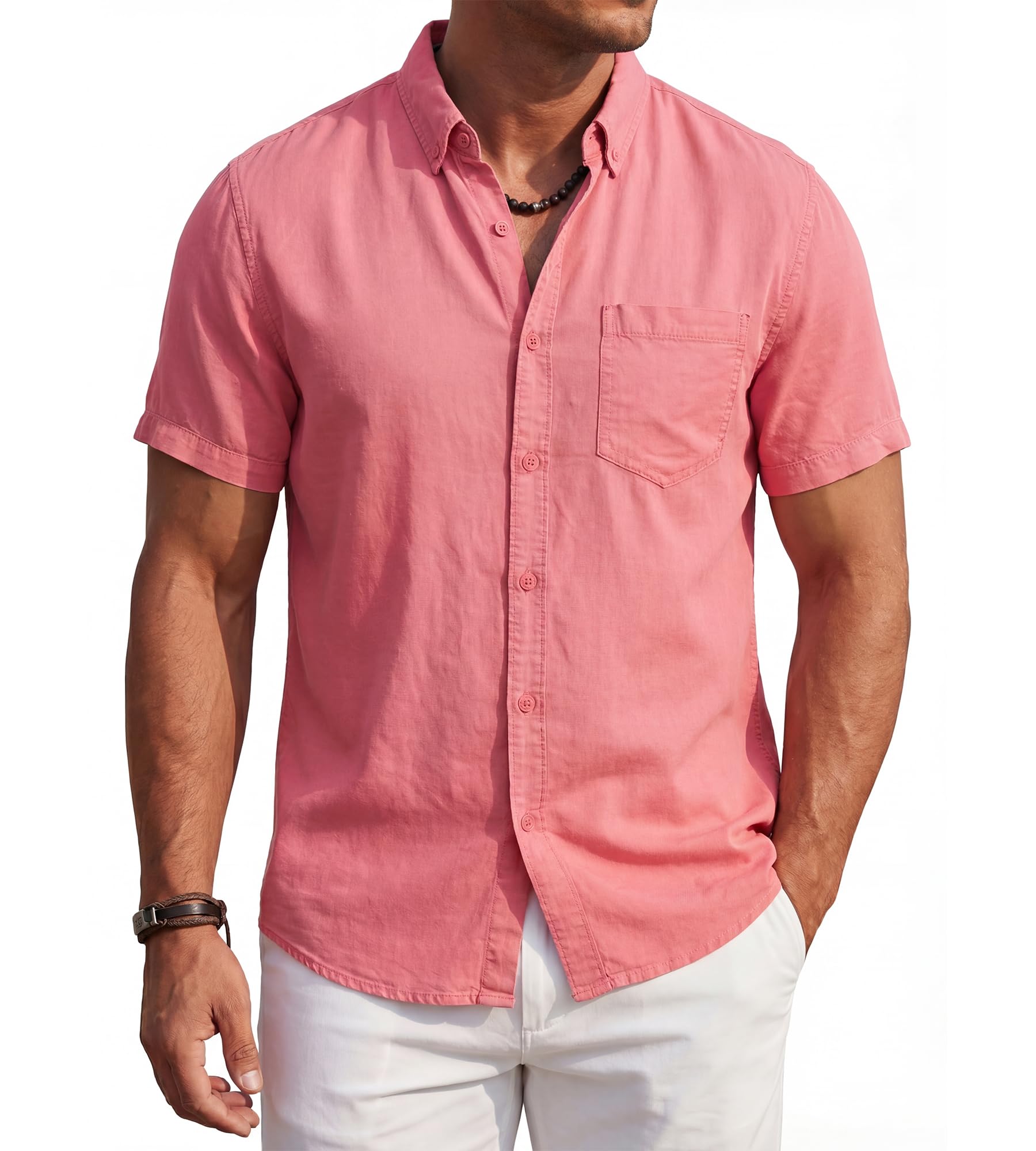 BOGARI Men's Short Sleeve Button Down Shirts 100% Lyocell Guayabera Shirt for Summer Vacation Casual Daily Wear