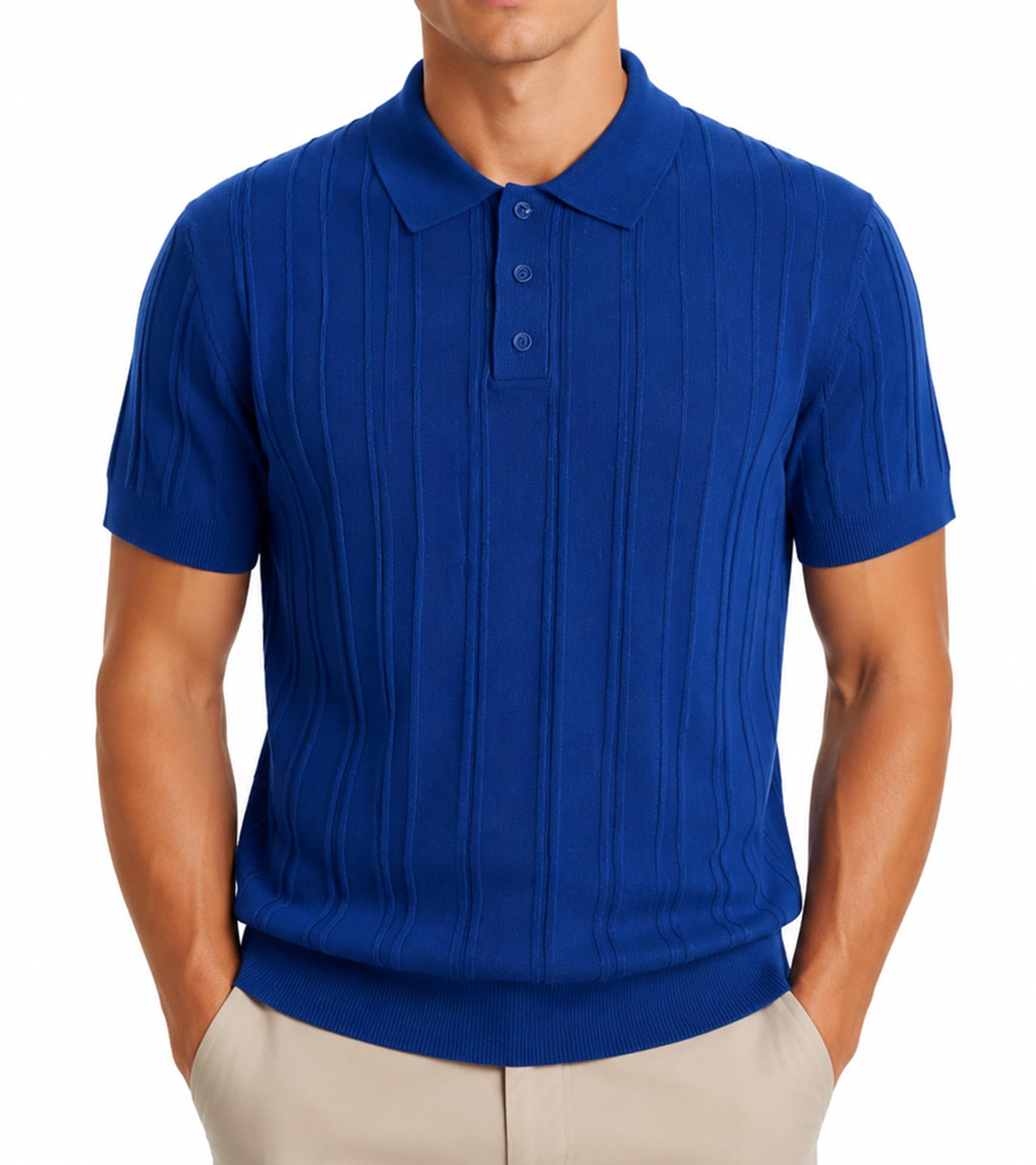 BOGARI Men's Knit Polo Shirts Short Sleeve Textured Knit V Neck Shirt Casual Ribbed Golf Sweater Summer Old Money Tops