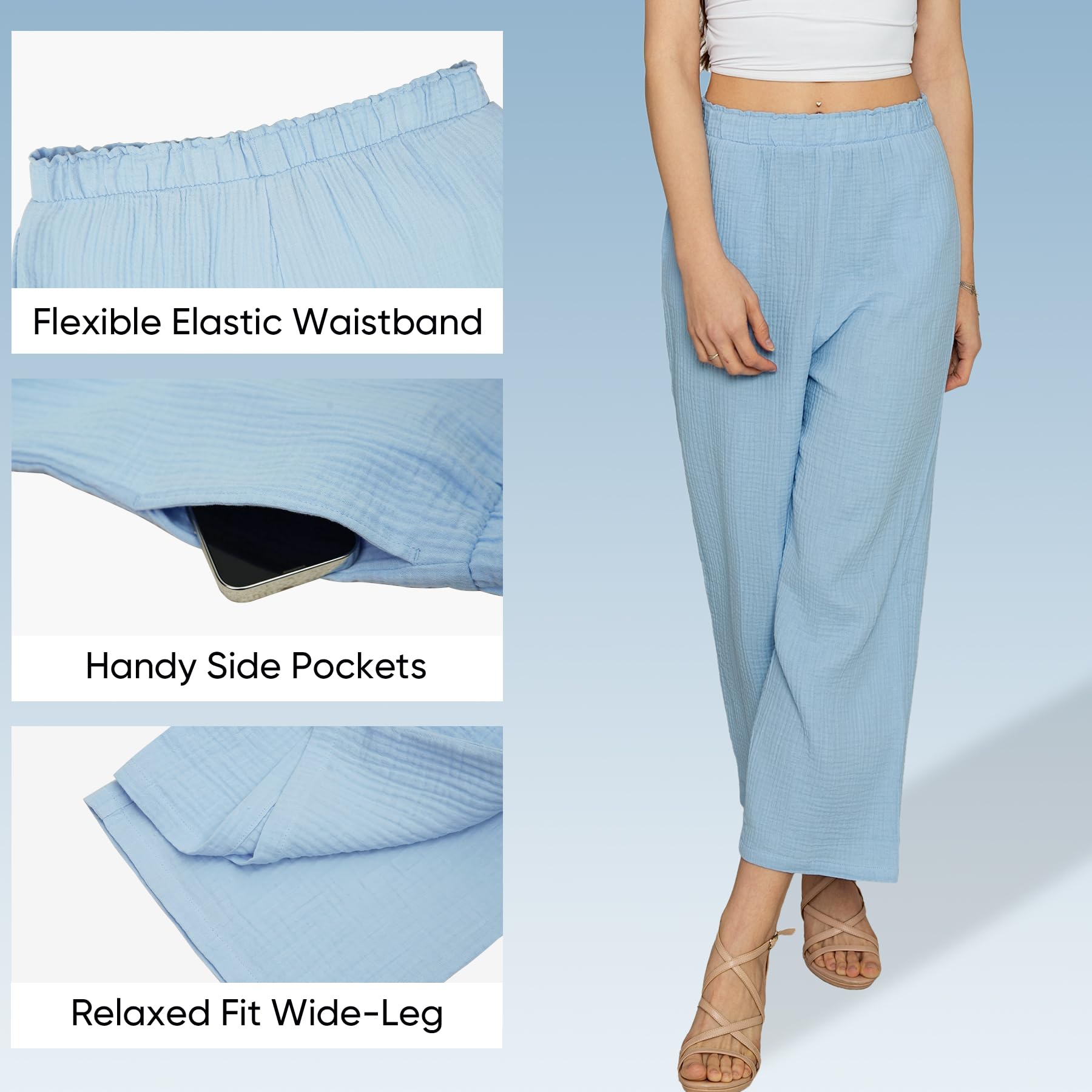 Women's Cotton Seersucker Palazzo Pants Elastic Waist Wide Leg Trousers with Pockets