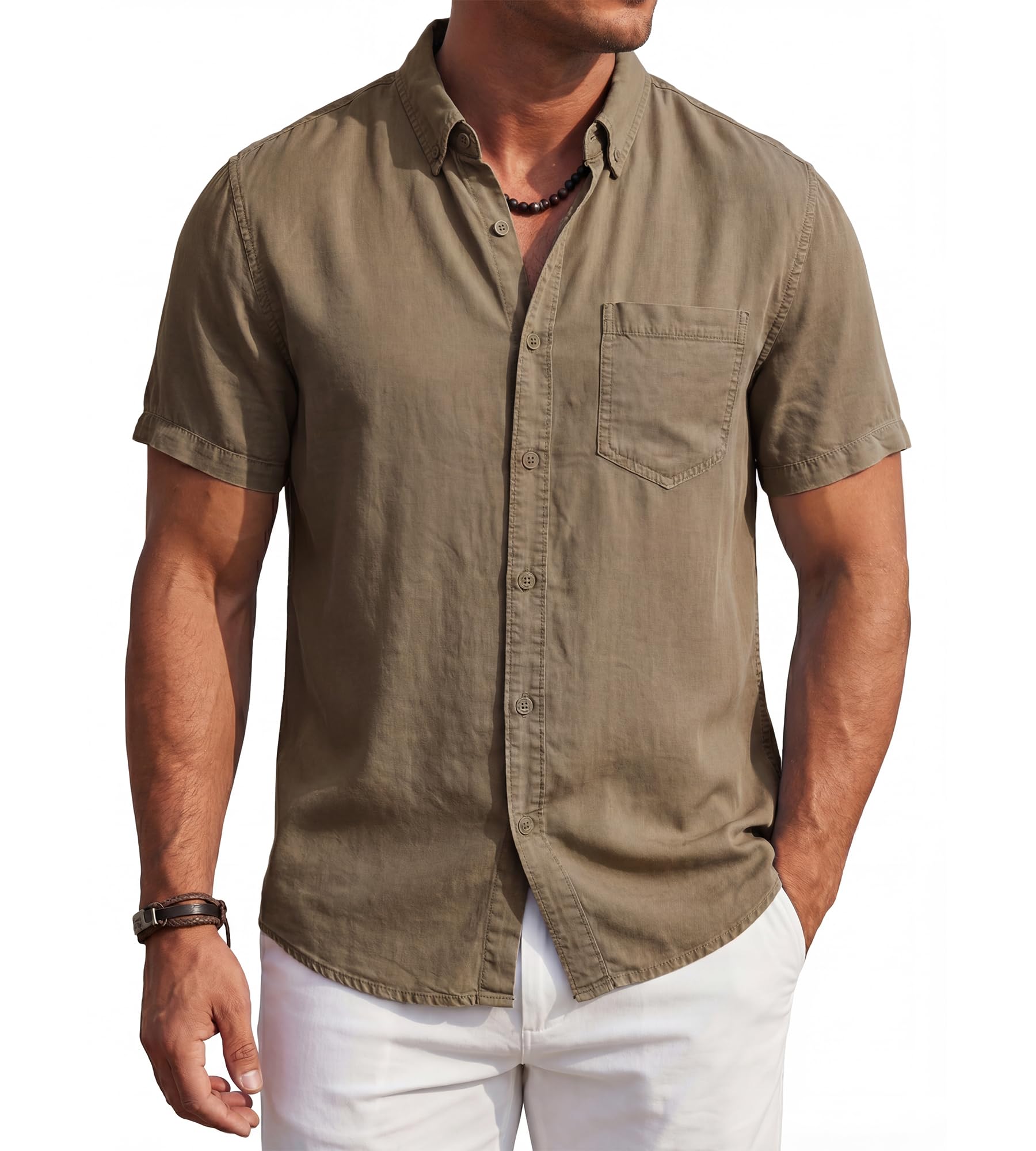 BOGARI Men's Short Sleeve Button Down Shirts 100% Lyocell Guayabera Shirt for Summer Vacation Casual Daily Wear