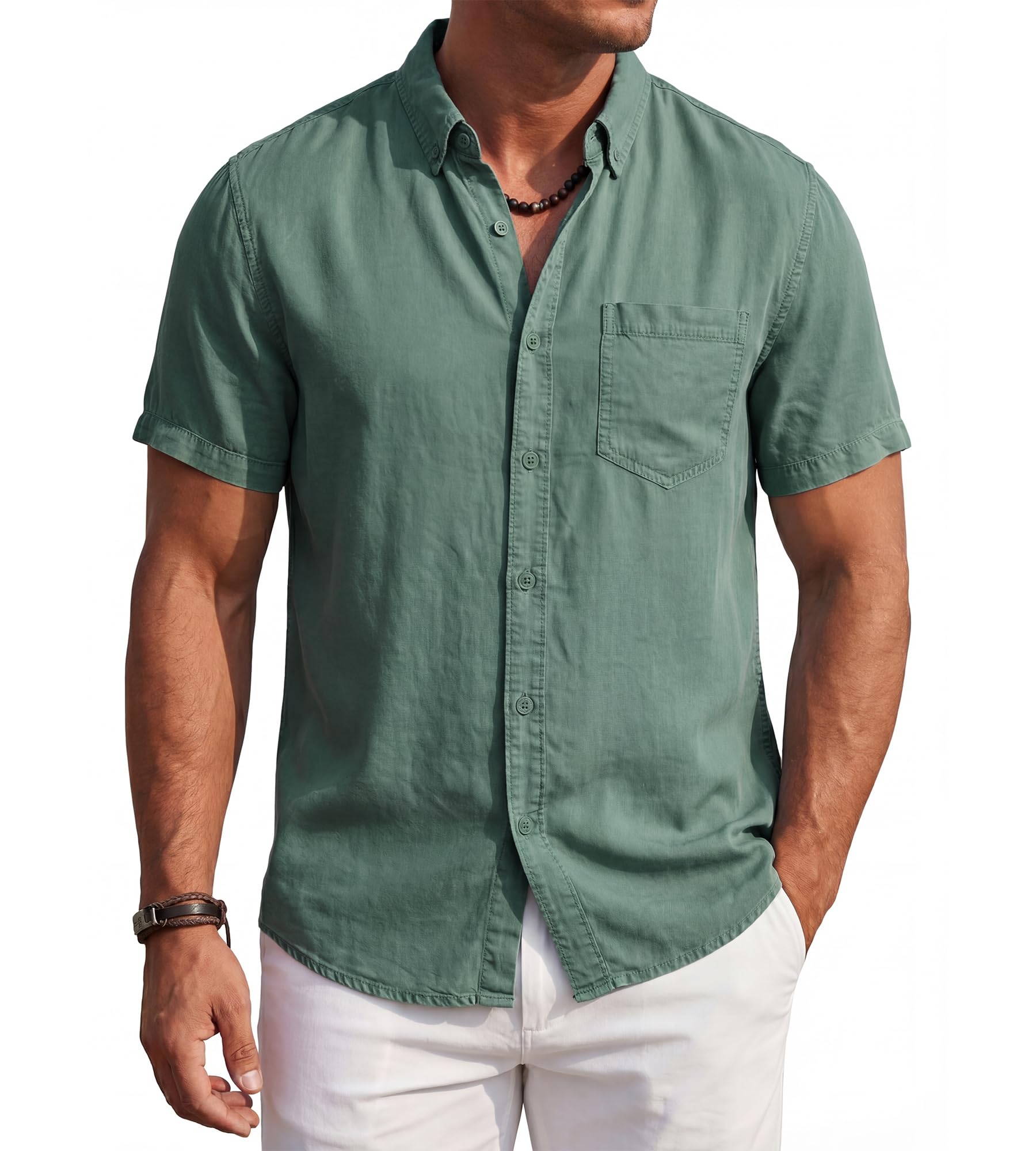 BOGARI Men's Short Sleeve Button Down Shirts 100% Lyocell Guayabera Shirt for Summer Vacation Casual Daily Wear