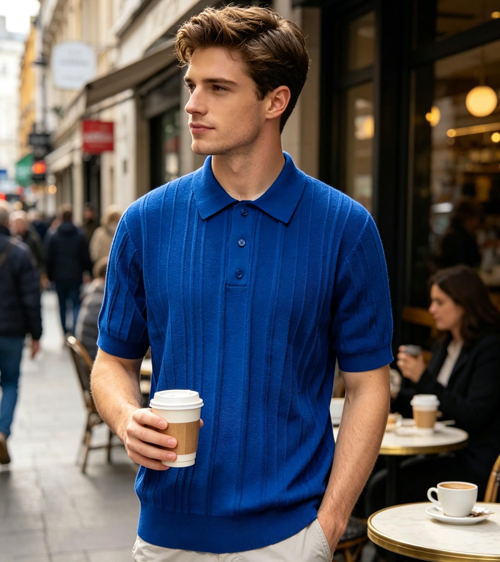BOGARI Men's Knit Polo Shirts Short Sleeve Textured Knit V Neck Shirt Casual Ribbed Golf Sweater Summer Old Money Tops