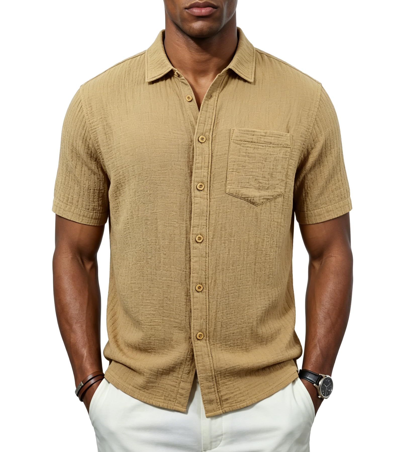 BOGARI Men's Short Sleeve Seersucker Button Down Shirt, Casual Camp Collar Summer Shirt, 100% Cotton