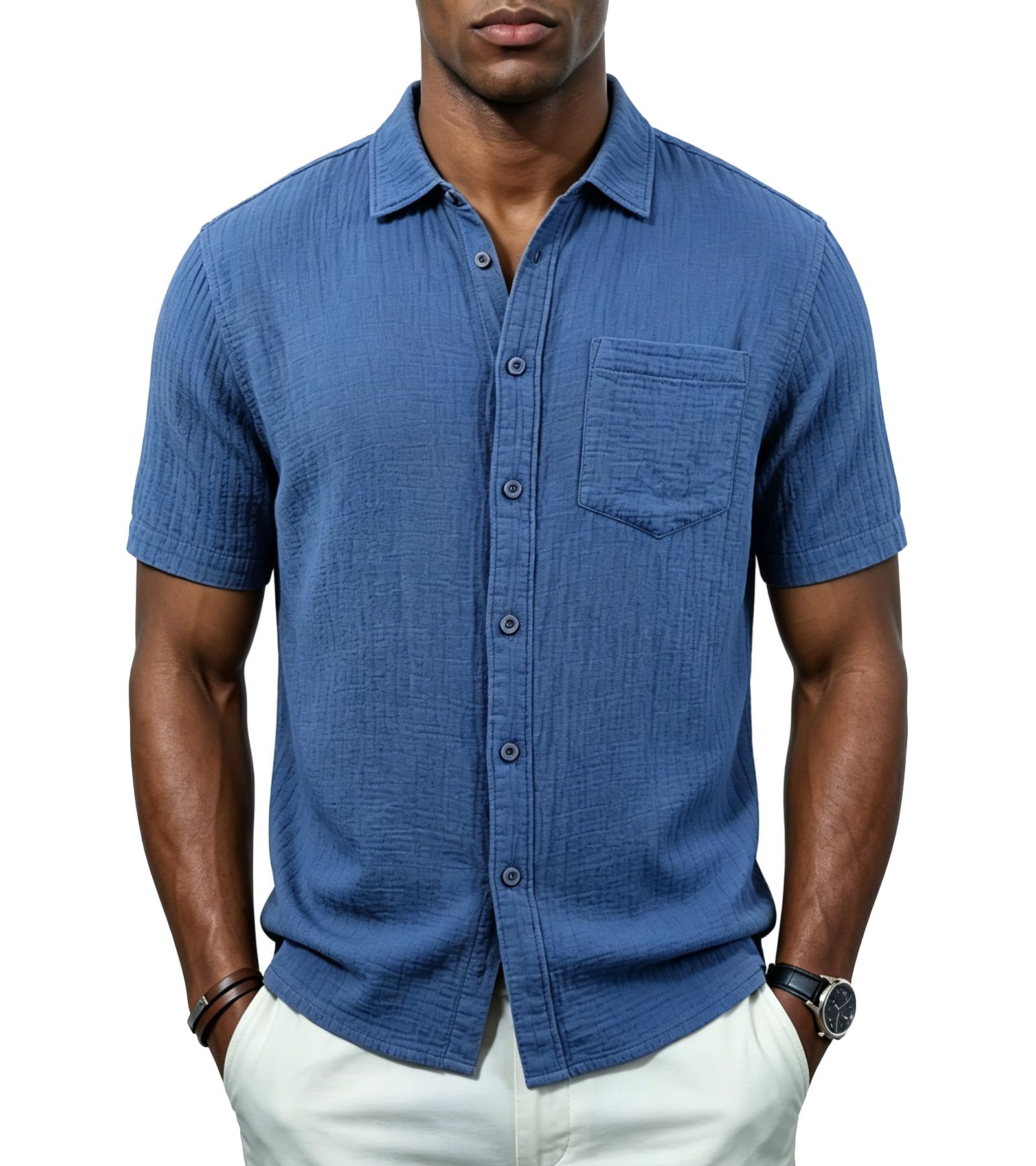 BOGARI Men's Short Sleeve Seersucker Button Down Shirt, Casual Camp Collar Summer Shirt, 100% Cotton
