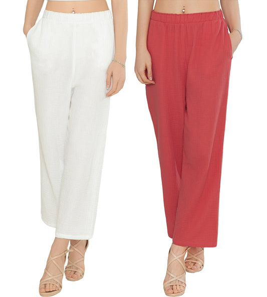 MERIDIANA Women's 2 Pack Wide Leg Cotton Seersucker Pants Summer Casual Beach Palazzo Trousers with Pockets Travel Vacation