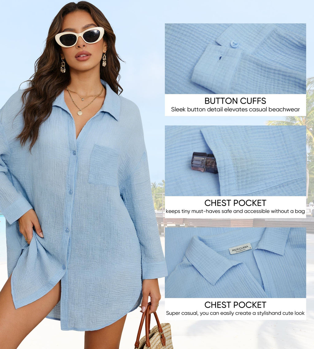 MERIDIANA 2 Pack Women's Swimsuit Cover Up 100% Cotton Beach Button Down Shirt Dress Long Sleeve Tops Bathing Suit Coverups