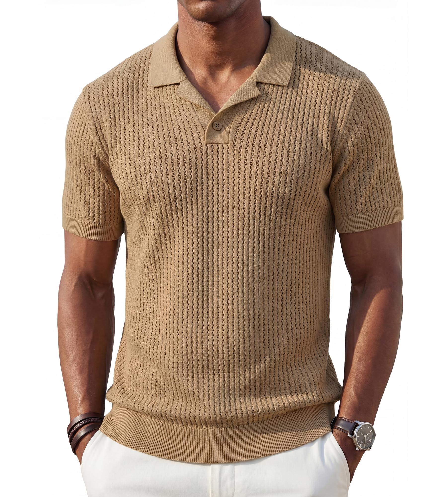 BOGARI Men's Knit Polo Shirts Short Sleeve Textured Knit V Neck Shirt Casual Ribbed Golf Sweater Summer Old Money Tops