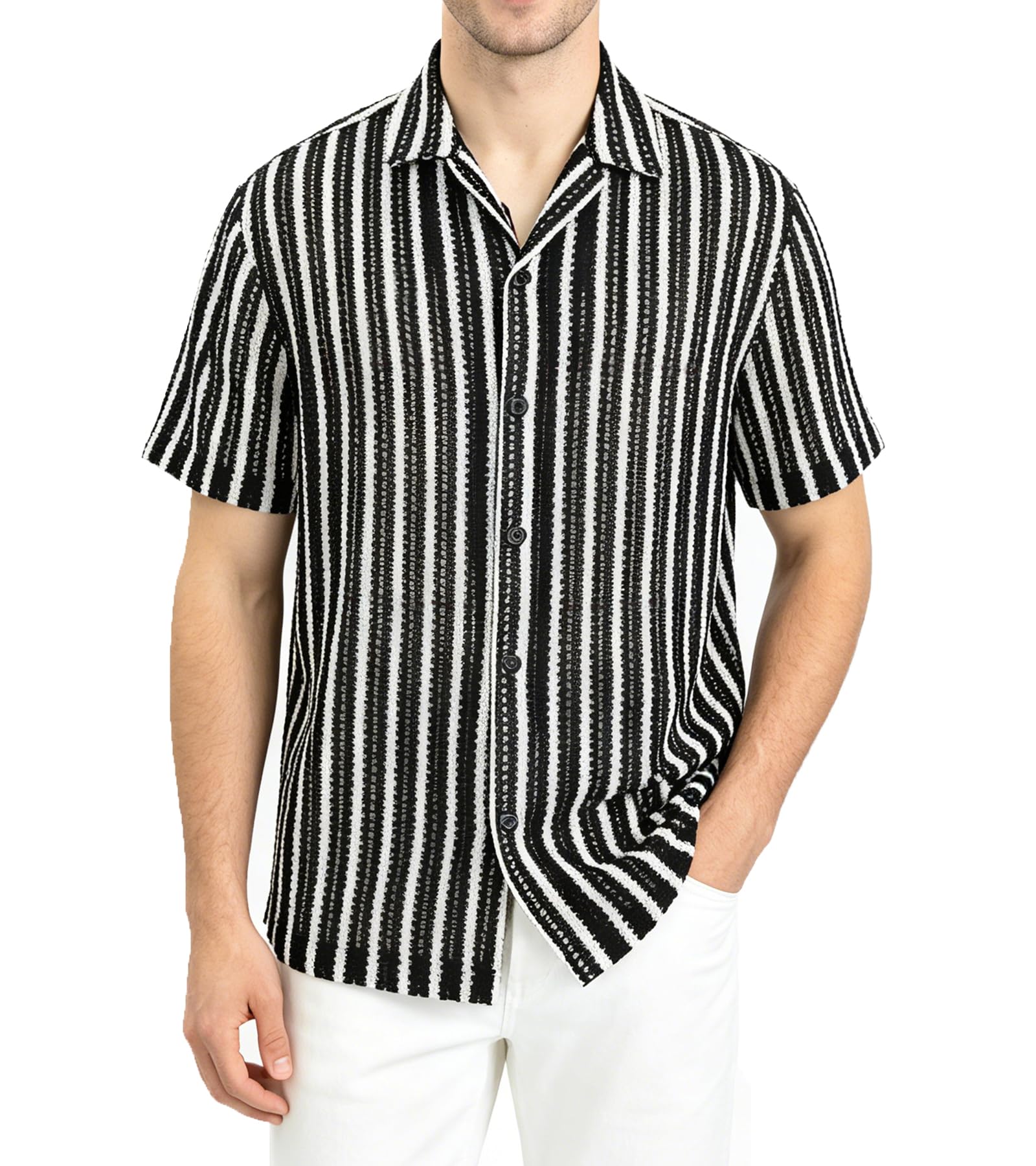 BOGARI Men Crochet Shirt Hollow Out Knit Stripe Summer Beach Button Down Sheer Lace Shirts Casual Cuban Textured Tops