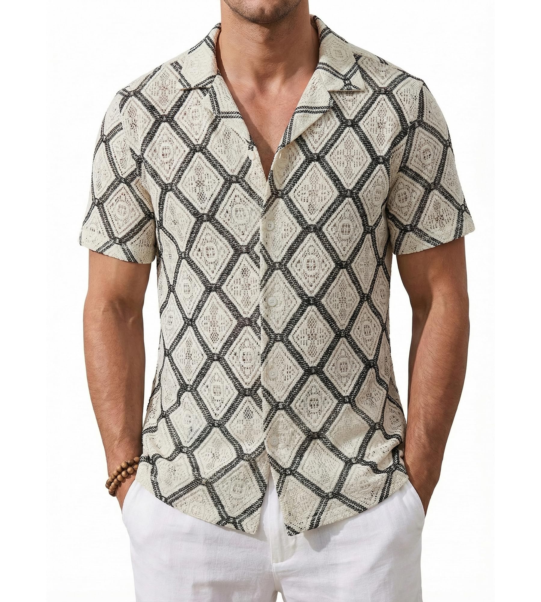 BOGARI Men Crochet Shirt Hollow Out Knit Stripe Summer Beach Button Down Sheer Lace Shirts Casual Cuban Textured Tops