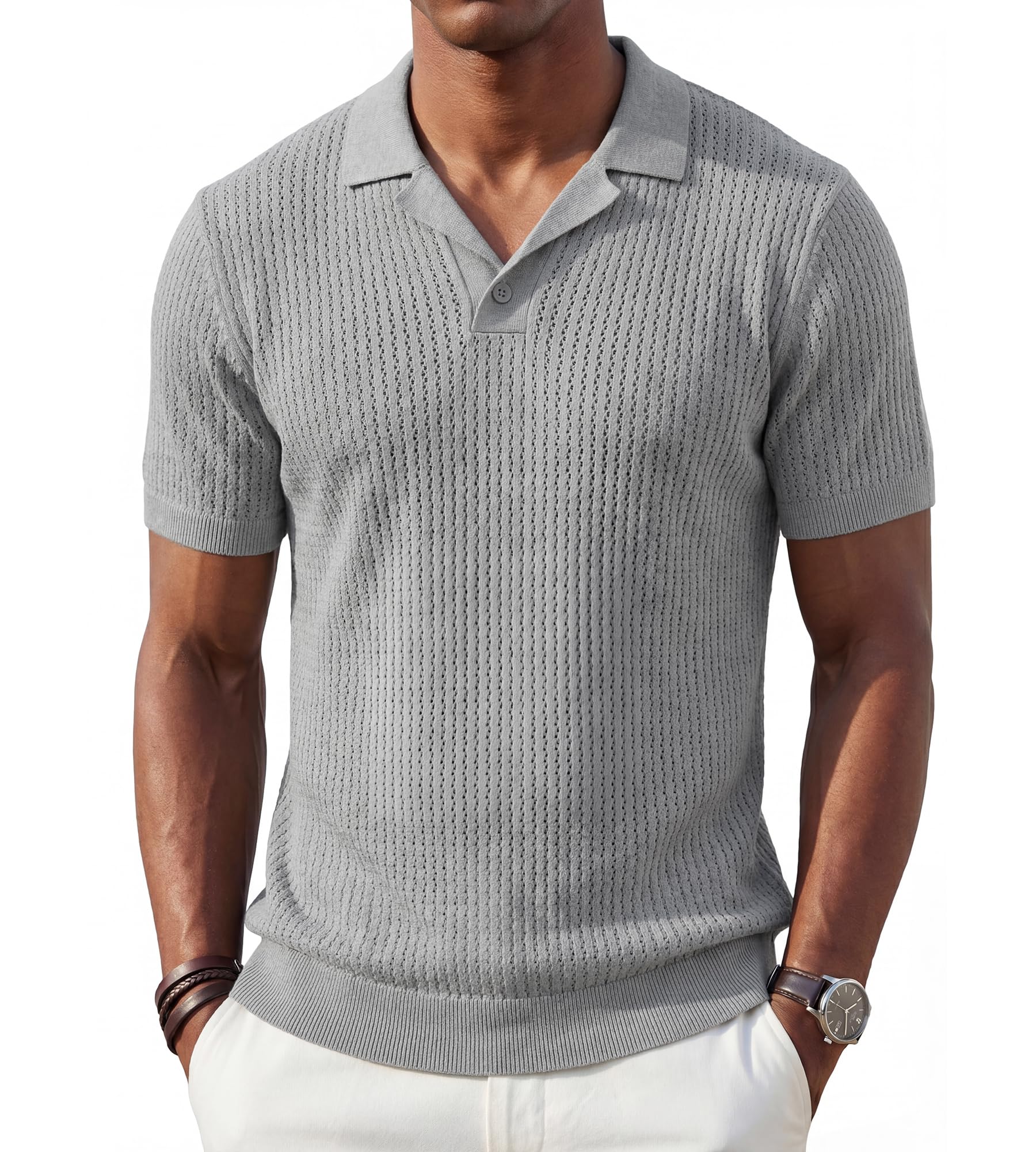 BOGARI Men's Knit Polo Shirts Short Sleeve Textured Knit V Neck Shirt Casual Ribbed Golf Sweater Summer Old Money Tops