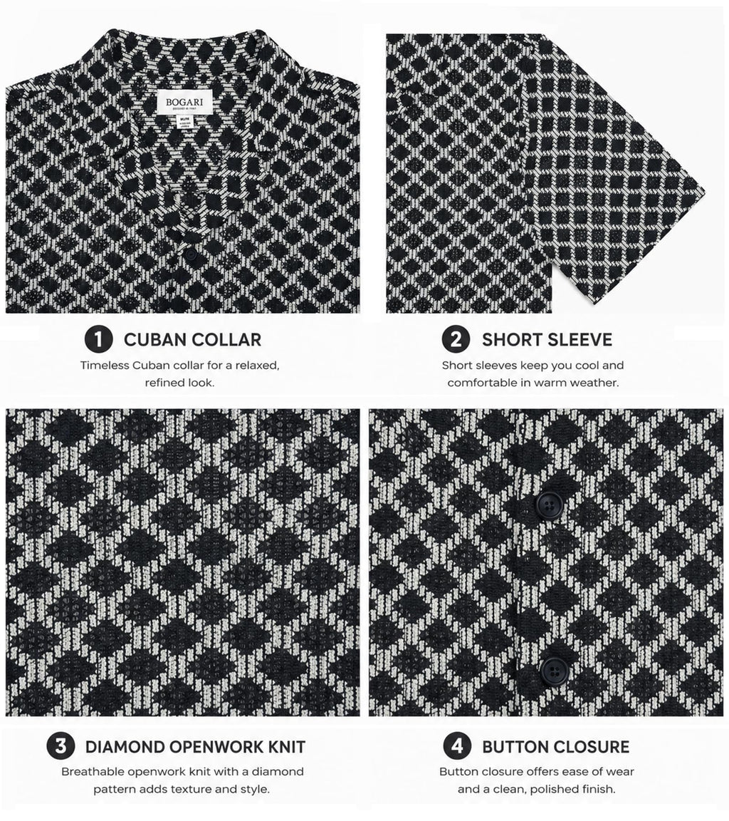 BOGARI Men Crochet Shirt Hollow Out Knit Stripe Summer Beach Button Down Sheer Lace Shirts Casual Cuban Textured Tops