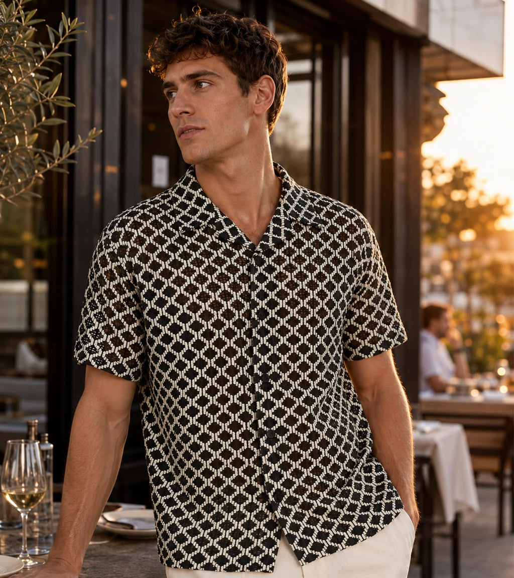 BOGARI Men Crochet Shirt Hollow Out Knit Stripe Summer Beach Button Down Sheer Lace Shirts Casual Cuban Textured Tops