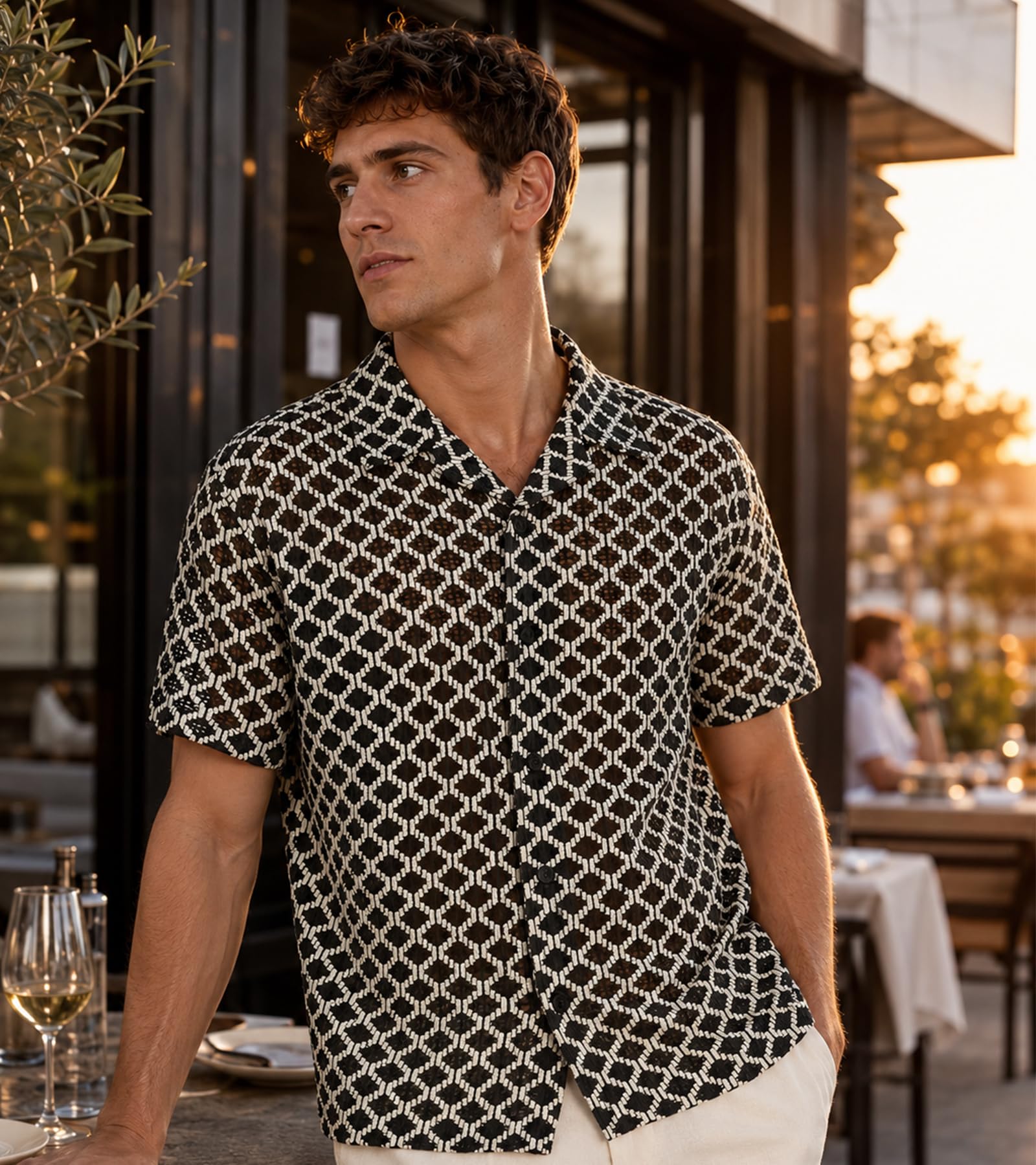 BOGARI Men Crochet Shirt Hollow Out Knit Stripe Summer Beach Button Down Sheer Lace Shirts Casual Cuban Textured Tops