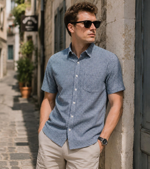 BOGARI Men's Short Sleeve Casual Shirts 100% Cotton Cooling Button Down Untucked Shirt for Summer Office Beach Daily
