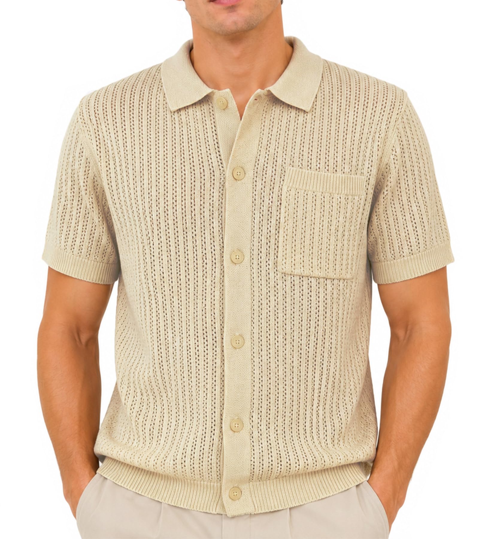 BOGARI Mens Knit Button Down Casual Polo Shirts Short Sleeve Cardigan Sweater with Pocket for Summer Golf Tops Vacation