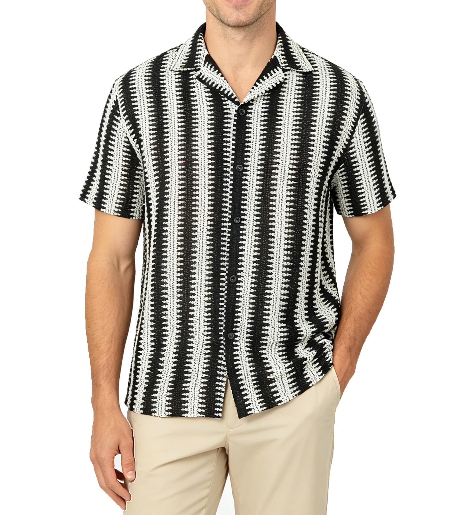 BOGARI Men Crochet Shirt Hollow Out Knit Stripe Summer Beach Button Down Sheer Lace Shirts Casual Cuban Textured Tops