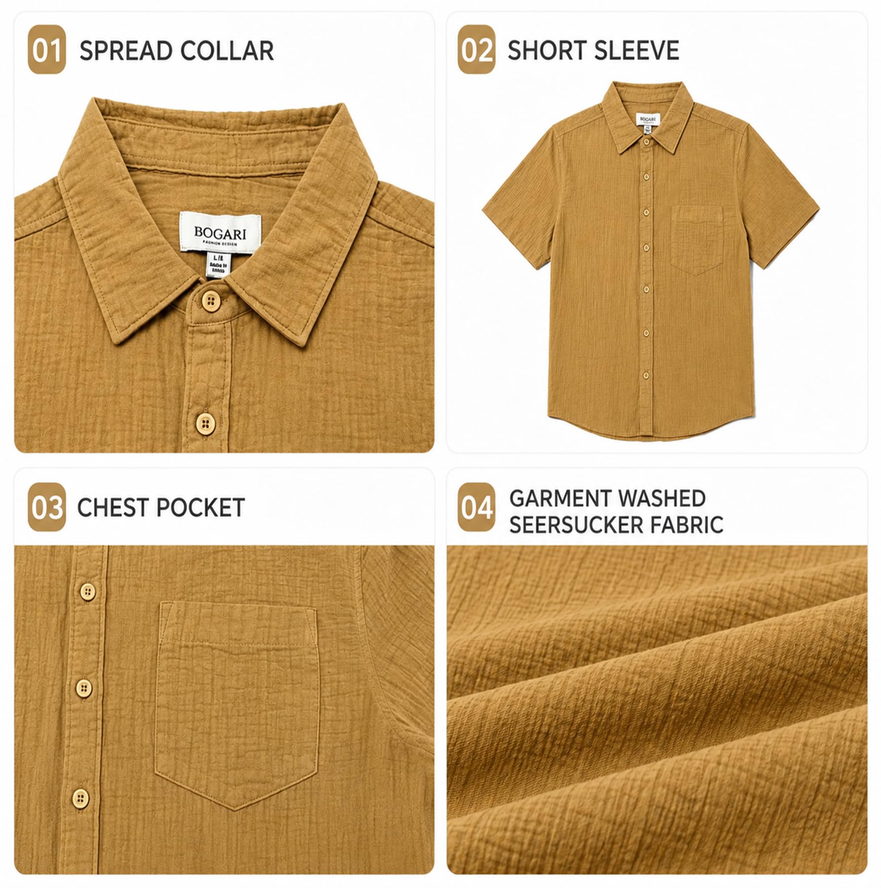 BOGARI Men's Short Sleeve Seersucker Button Down Shirt, Casual Camp Collar Summer Shirt, 100% Cotton