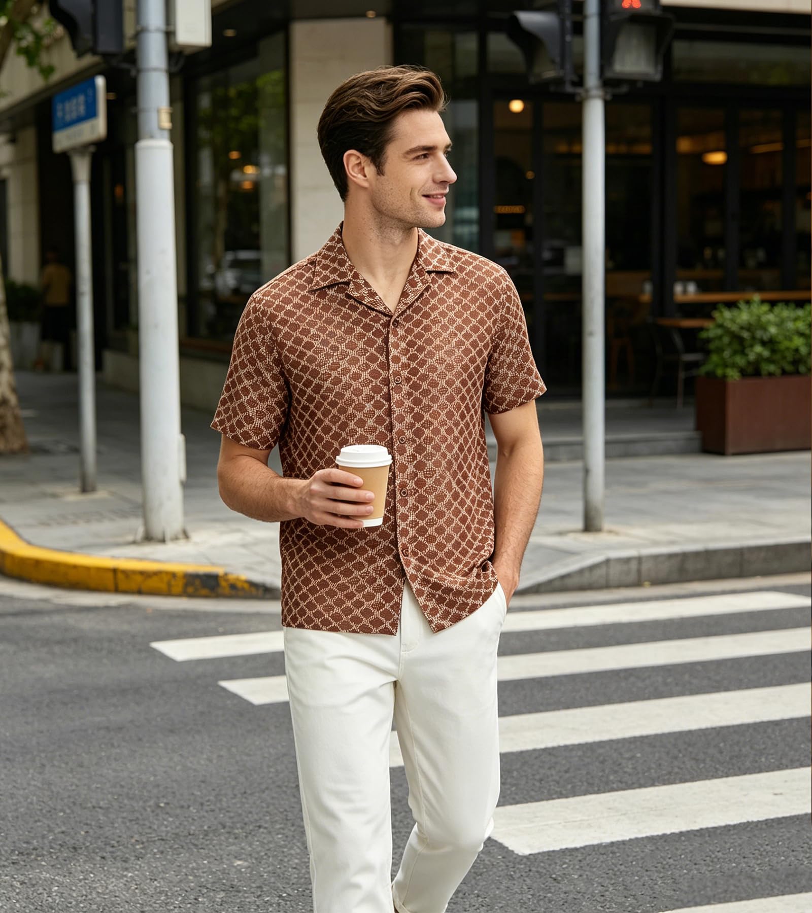BOGARI Men Crochet Shirt Hollow Out Knit Stripe Summer Beach Button Down Sheer Lace Shirts Casual Cuban Textured Tops