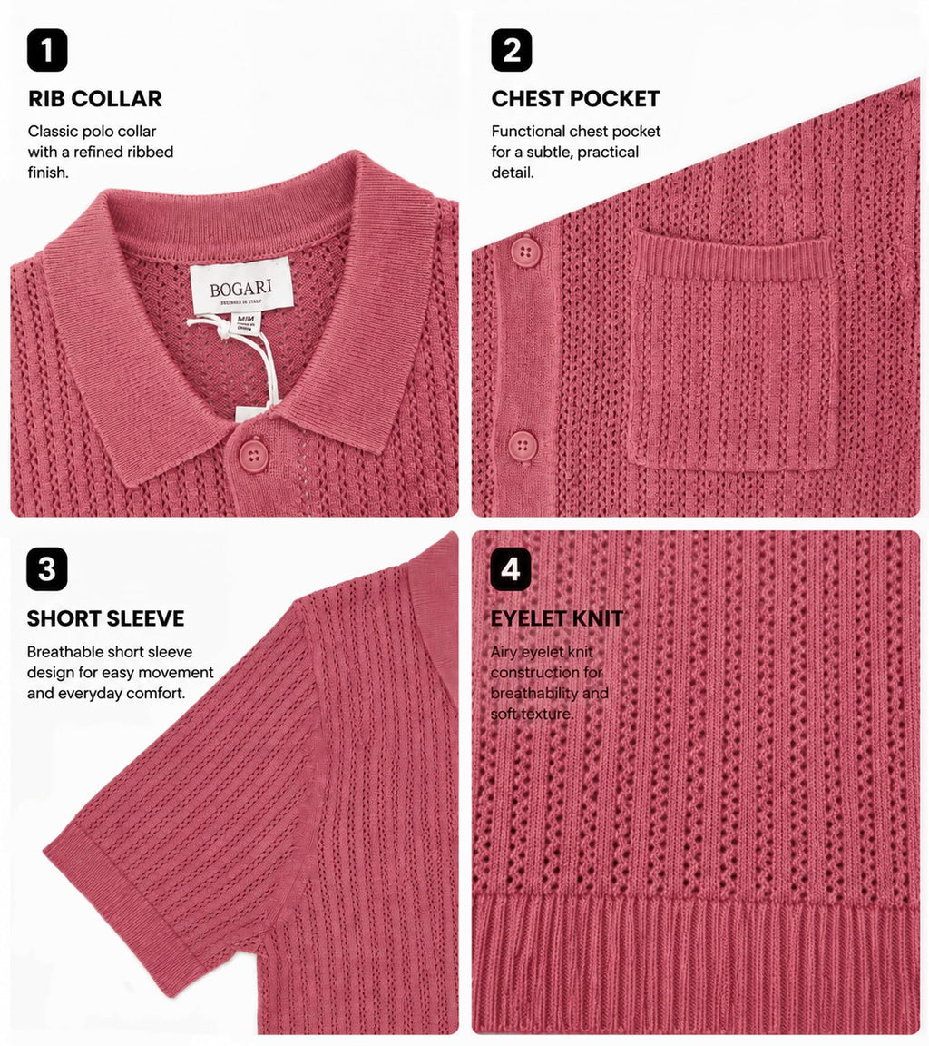 BOGARI Mens Knit Button Down Casual Polo Shirts Short Sleeve Cardigan Sweater with Pocket for Summer Golf Tops Vacation