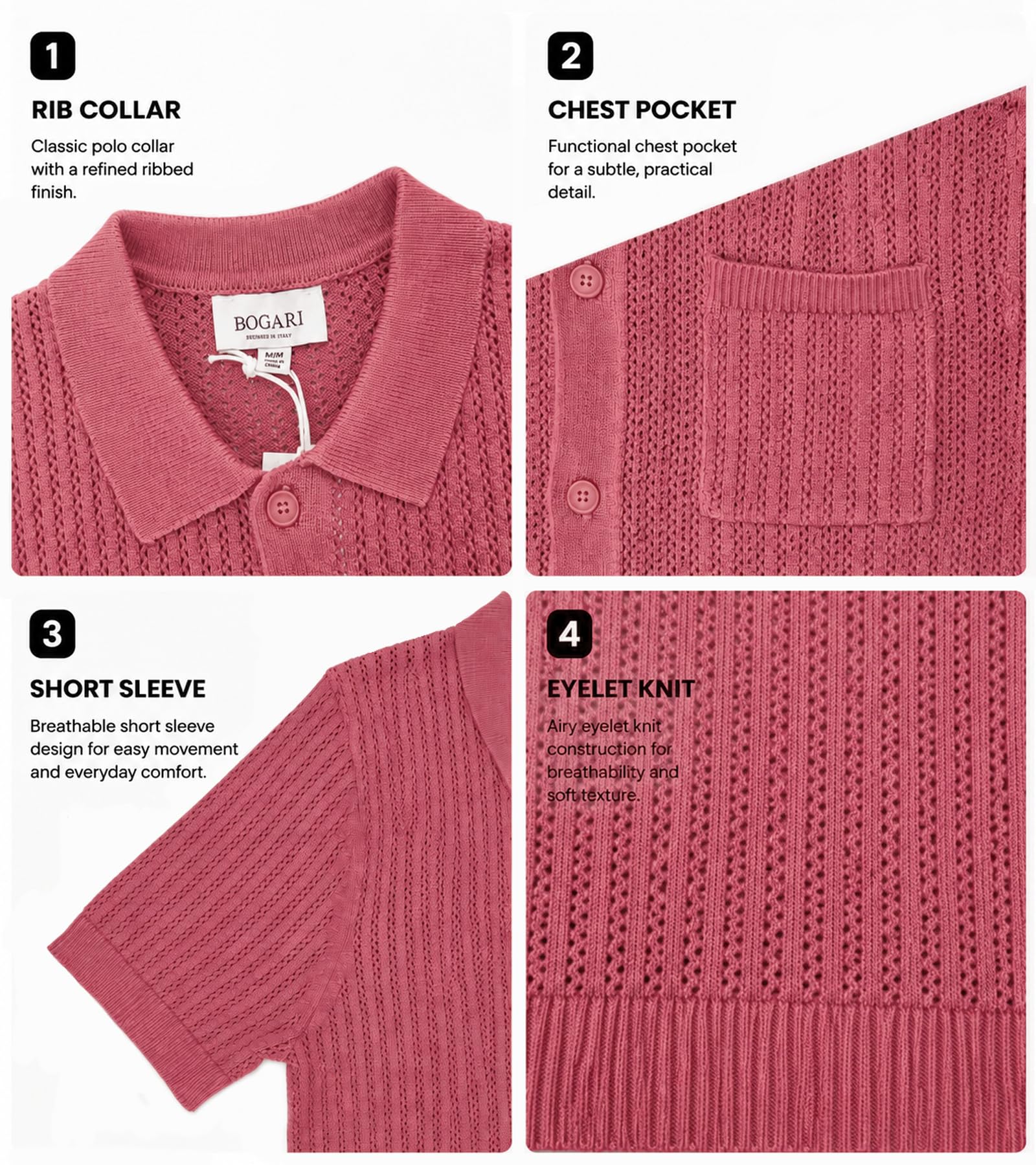 BOGARI Mens Knit Button Down Casual Polo Shirts Short Sleeve Cardigan Sweater with Pocket for Summer Golf Tops Vacation