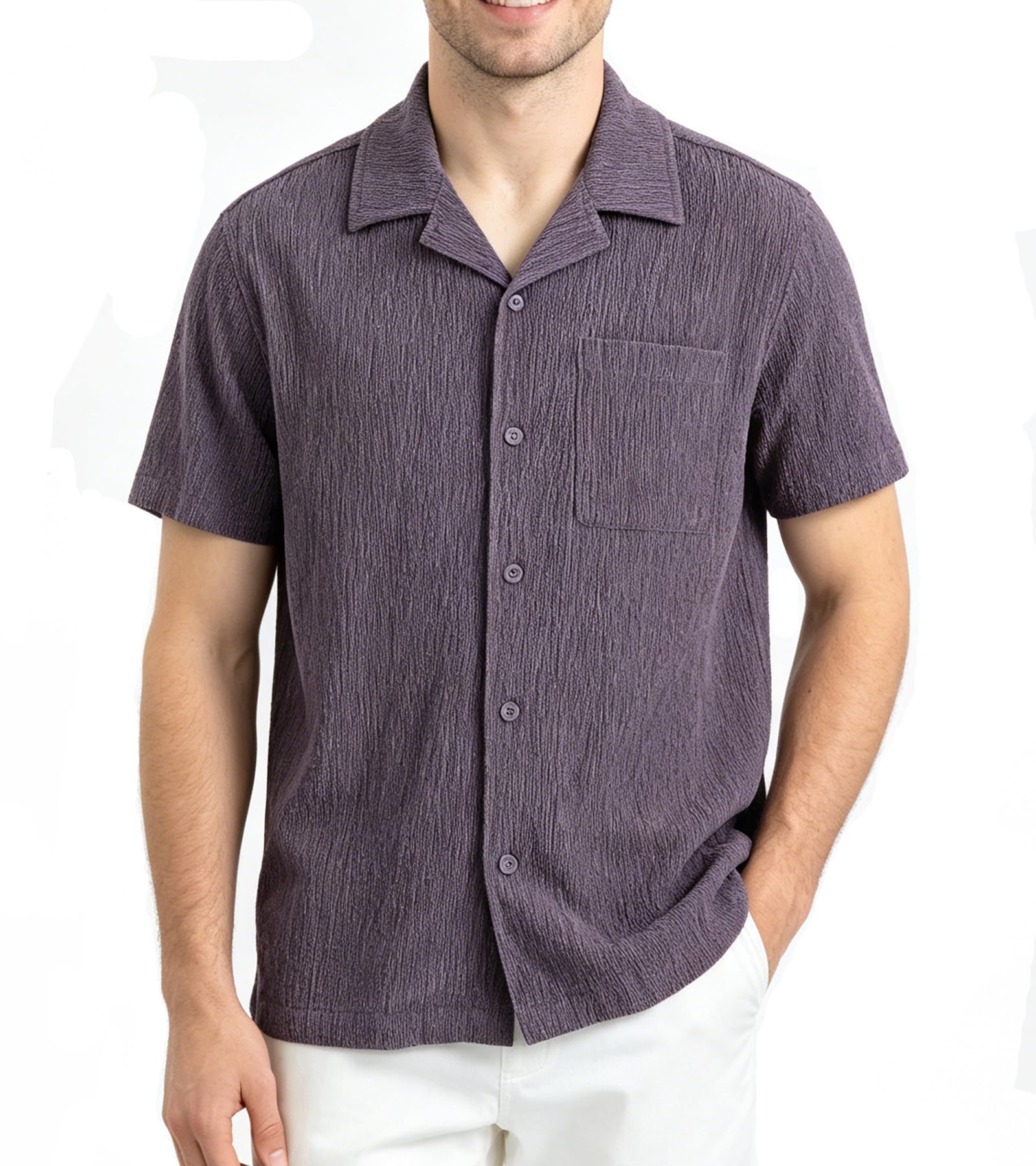 BOGARI Mens Summer Striped Shirts Button Down Knit Short Sleeve Textured Vacation Beach Casual Cuban Shirts with Pocket