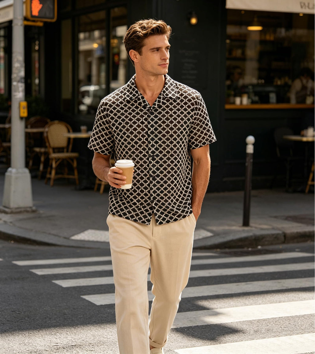 BOGARI Men Crochet Shirt Hollow Out Knit Stripe Summer Beach Button Down Sheer Lace Shirts Casual Cuban Textured Tops