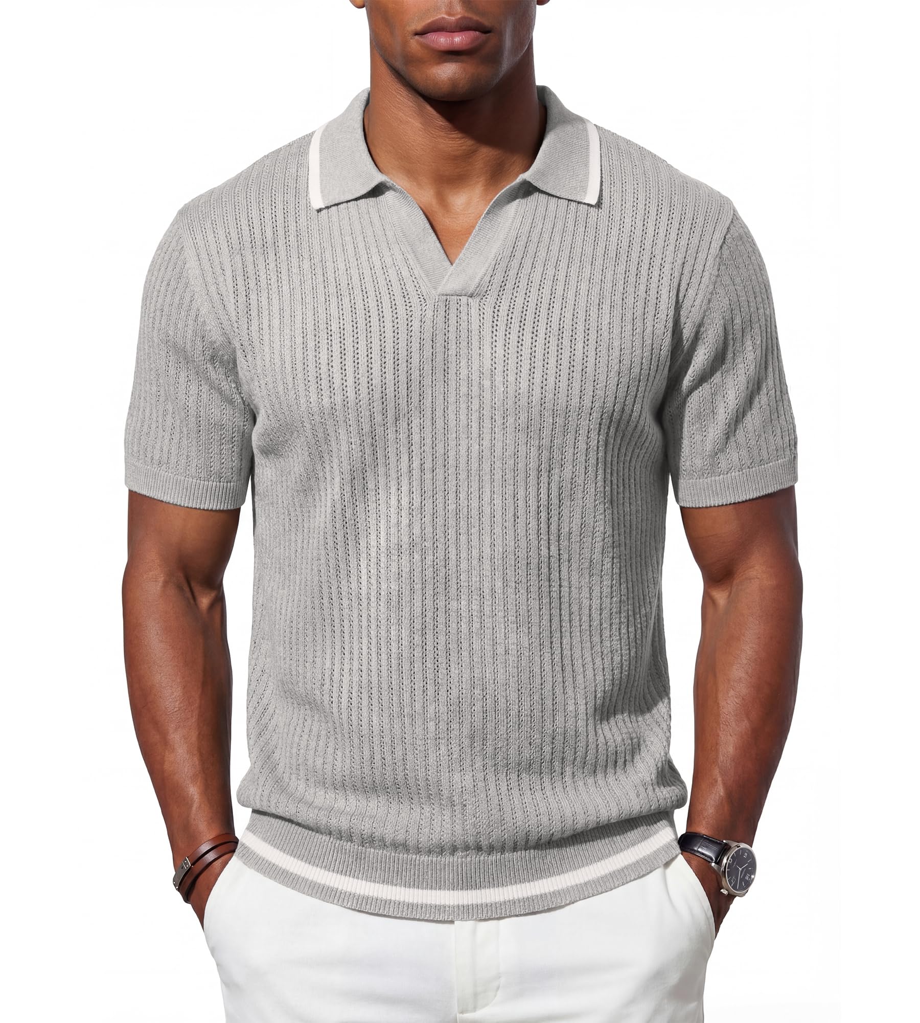 BOGARI Men's Knit Polo Shirts Short Sleeve Textured Knit V Neck Shirt Casual Ribbed Golf Sweater Summer Old Money Tops